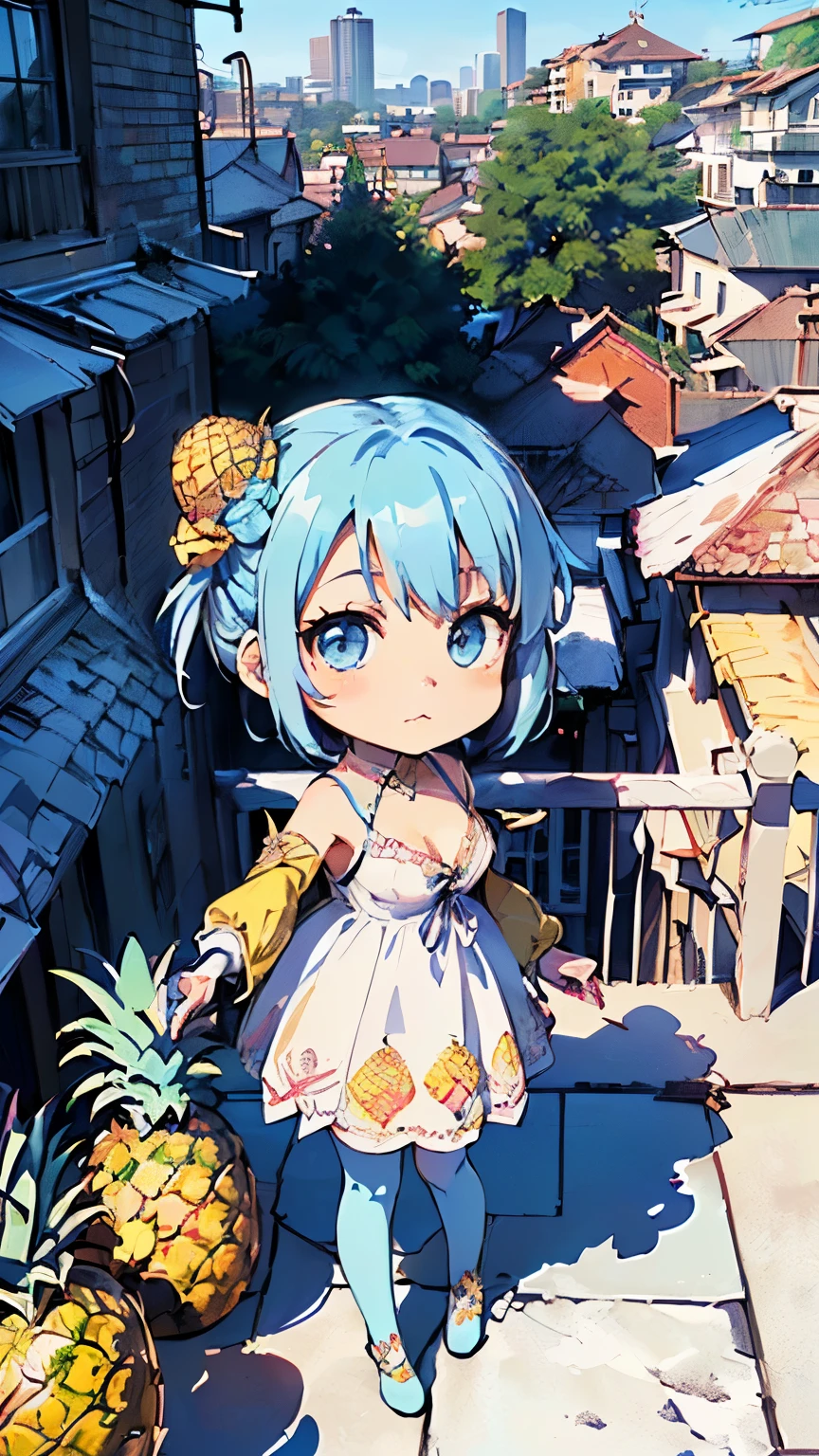 (Bright gradient、healing fantasy、very detailed目:1.1),(1 person、chibi whole body、Because I'm slender、inner thigh:1.5),(masterpiece、highest quality、anime moe:1.4),(Ultra-detailed retina、super detail eyes:1.3)、(light blue hair,short hair、delicate bristles、bun hair:1.5)、(best writing、best shadow、very delicate and beautiful:1.2)、(very detailed)、(pineapple:1.5)、 (magical movie scenes:1.5)、(knee high socks、coordinated accessories、clean lines、Winter clothes、embroidered silk dress:1.5)、(attractive face、Cuteness and sophisticated beauty:1.5)、(balcony、Streetscape with triangular roofs、take my hand、No expression、pamper、how to style hair、comb、morning view:1.5)、(The cleavage I saw by chance、bright personality:1.3)