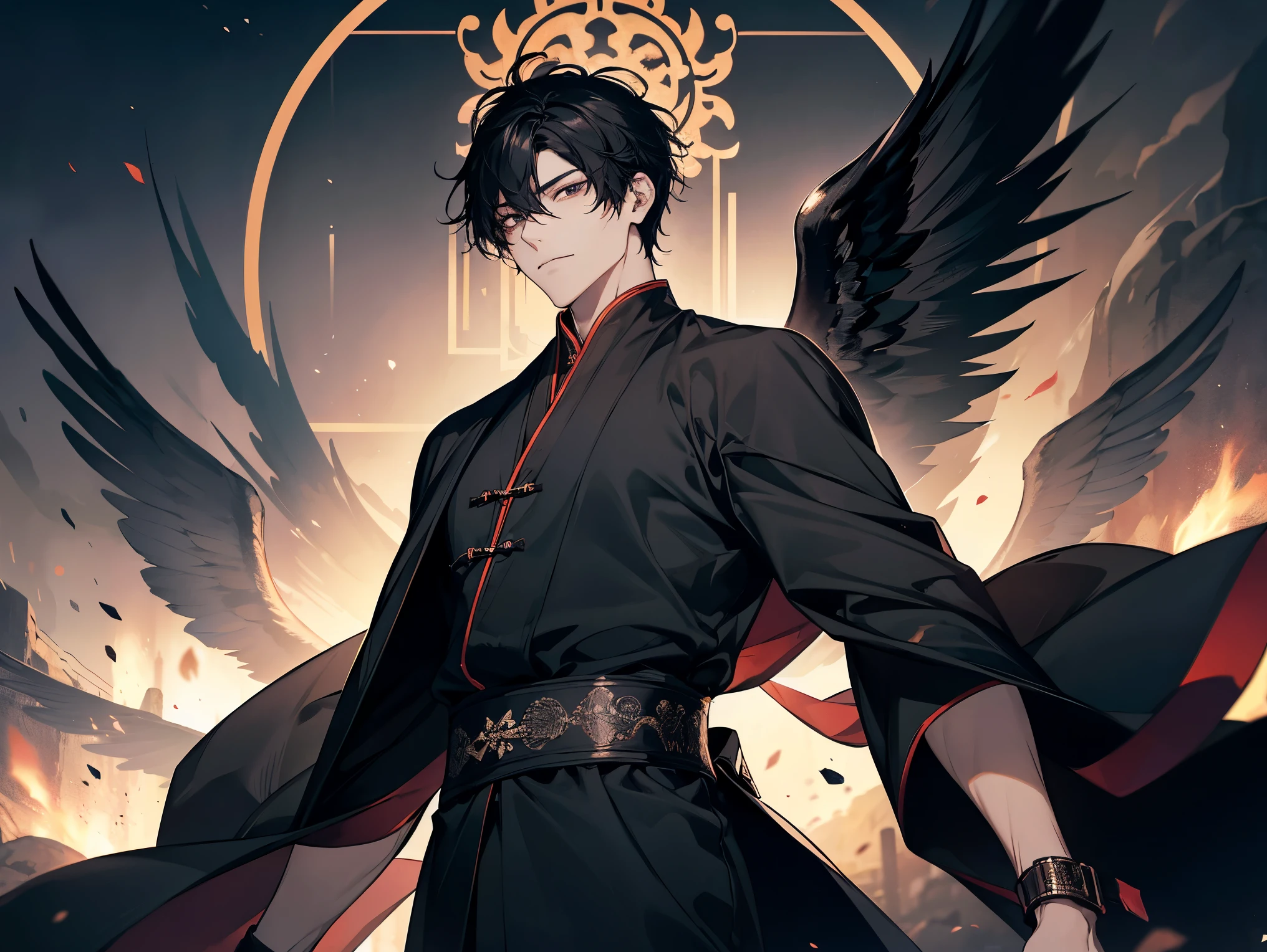 1 man, teacher, wearing a black robe, long black pants, black hair, short hair, face to detail, detailed eyes, black eyes, black crown floating over his head, black angel wings, the background is space in china