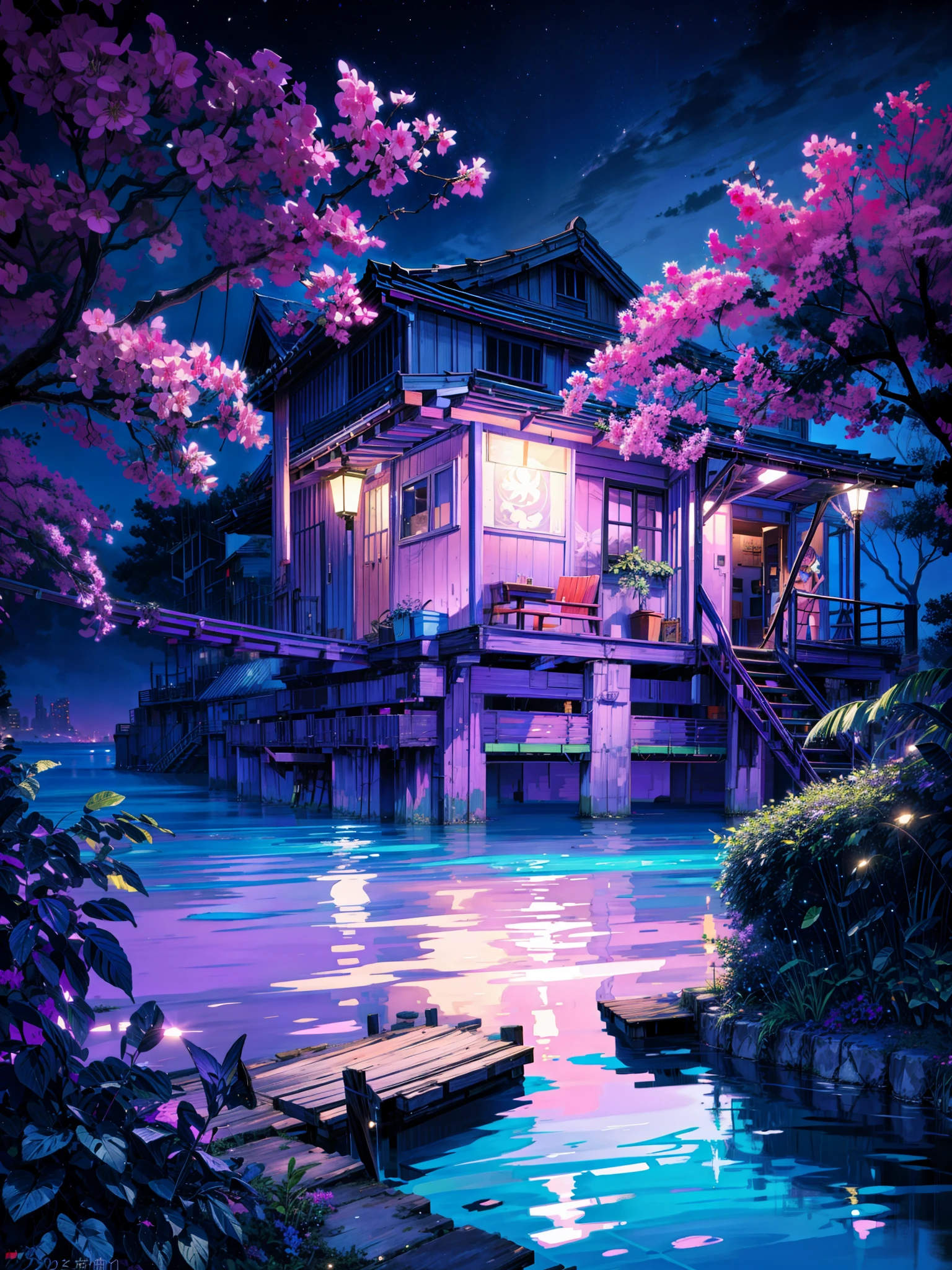 painting of a neon ((purple ,blue )) moonlight,dock areas, Bougainville decoration , , moonlight, river, moonlight reflection,beautiful art uhd 4 k, a beautiful artwork illustration, beautiful digital painting, highly detailed digital painting, beautiful digital artwork, detailed painting 4 k, very detailed digital painting, rich picturesque colors, gorgeous digital painting, no human