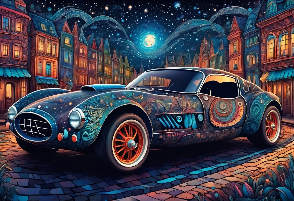 (best quality, highres, ultra sharp), magical ,cute racing car, in the city, magical zentangle printed car, full colored, dark tones, night, starry sky,