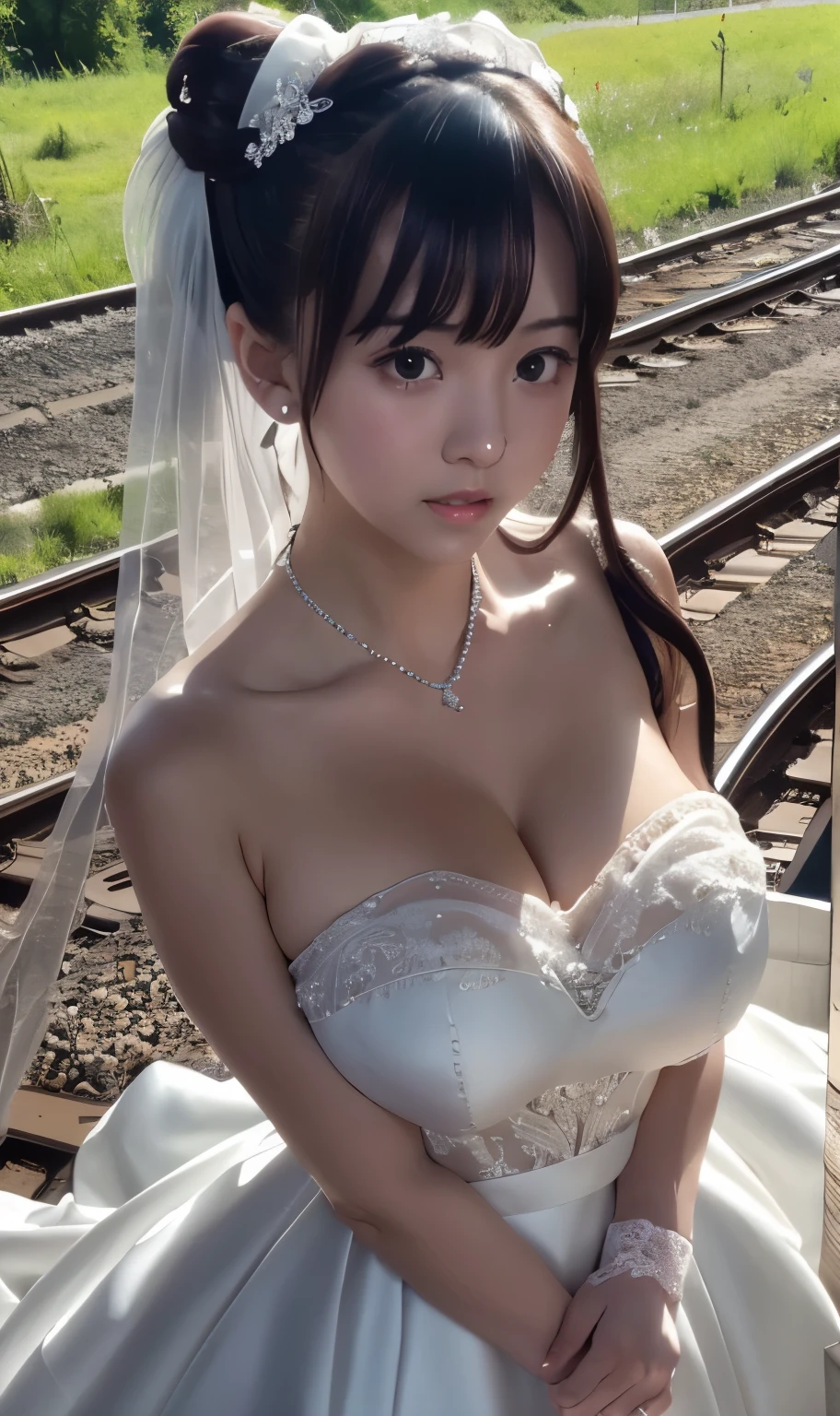 (((Pixel perfect, Perfect details))), alone, 1 girl,bride, yuigahama yui, pout, 美丽bride穿美麗婚紗的特写,Gurwitz, (((bride頭紗))),(transparent short veil),blush,eye shadow,Blushing face,Head flower,headgear,((bouquet)),((((tube top wedding dress)))),(((strapless wedding dress))),(bare shoulders),pure white dress,(necklace),((earrings)),(large breasts:1.3),Bangs,lipstick,((White long elbow gloves)),Half-length photo,High-detail RAW color art,White long skirt,There is a railway track next to it,(standing on the railroad tracks:1.3),18 years old, (long twintails:1.5),(double bun:1.5), black hair,