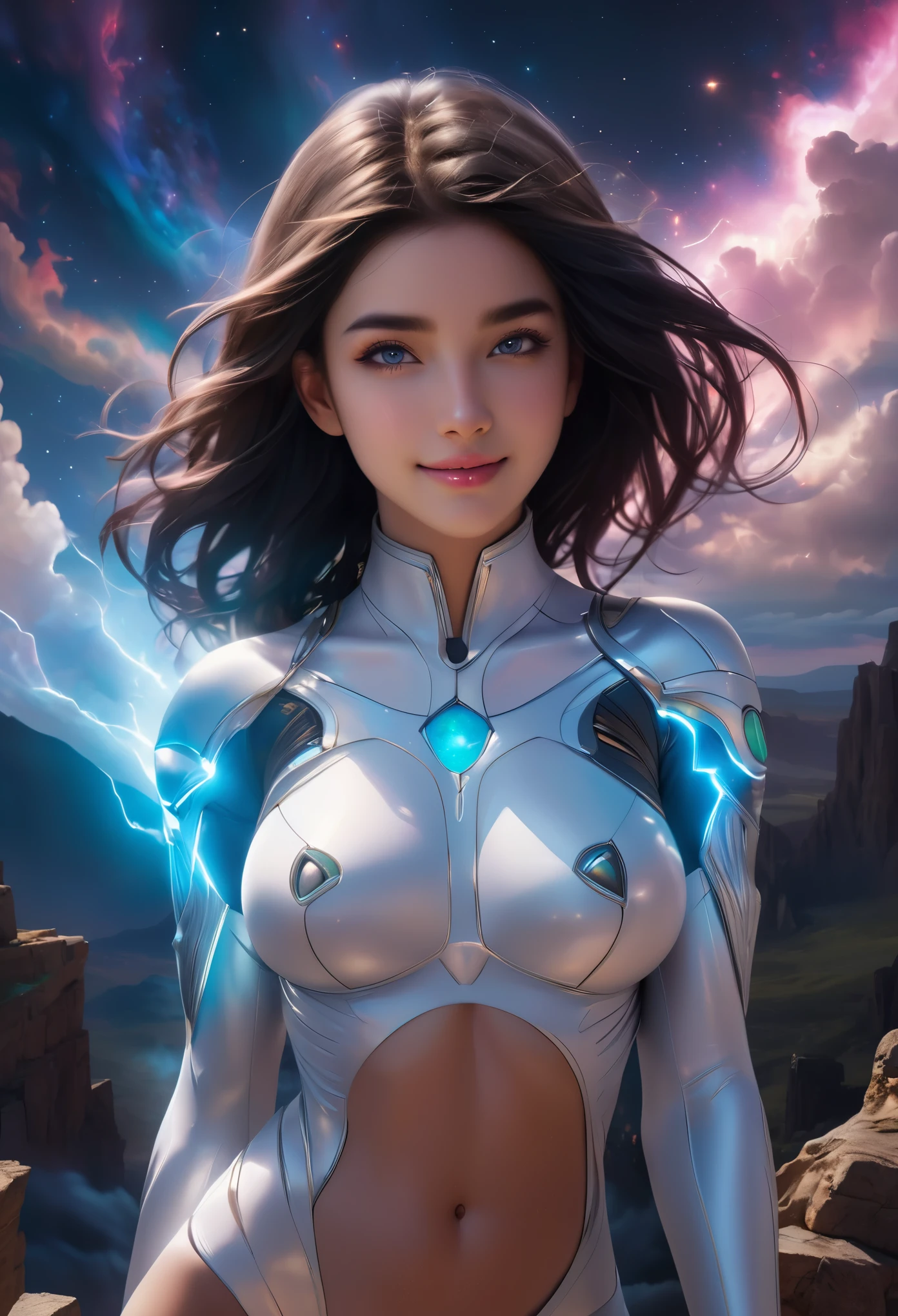 ((high quality)),(super realistic photos, official art, unity 8k wallpaper, 8K portrait, high quality, very high resolution:1.36), (One beautiful Saudi Arabian age girl:1.6),(She wears a white bodysuit with a beautiful fractal or marble design:1.5),(She wears a very beautifully designed gauntlet with jeweled details:1.6), ((she is showing her armpits:1.6)), (erotic pose:1.6), (model pose:1.6), incredibly spectacular scene,((fantasy)), blue plasma brain, green plasma body, obscene, average, (despicable:1.2), (immoral:1.2), (Small breasts with beautifully raised pink areolas:1.5), (expression of ecstasy:1.2), (incredibly beautiful nature background:1.6), (18yo:1.5), (sexy and glamorous:1.1), (coquettish expression:1.6), (smile seductively:1.6), beautiful seductive face, portrait, (thick eyebrows:1.4), Beautiful eyes with high bilateral symmetry, (highly detailed eyes:1.4),(highly detailed face and eyes:1.7), (High resolution opal eyes:1.8), (Highly detailed skin texture:1.4), Very detailed dark skin, perfect anatomy, thin, (Beautiful muscular and toned body:1.6), highly detailed jet black hair, (moist skin:1.7), no makeup, (bear:1.1), excellent anatomy, focal plane, good looking, (emilia clarke:0.1) (emma watson:0.3),(jennifer connelly:0.24), (A delicately crafted necklace is wrapped around her neck.), (Bioluminescence with a brilliant glow:1.4), (Shining magic circle:1.5), ruins of an ancient castle, Shining majestic clouds and sky, lightning, spectacular realistic, (greg latkowski:0.8), (teal and orange:0.4), (art station:1.5), cinematic, (NSFW:1.6), dramatic light, (intricate details:1.1),milky way, (nebula:1.6), dark Knight, Note the fully armored body