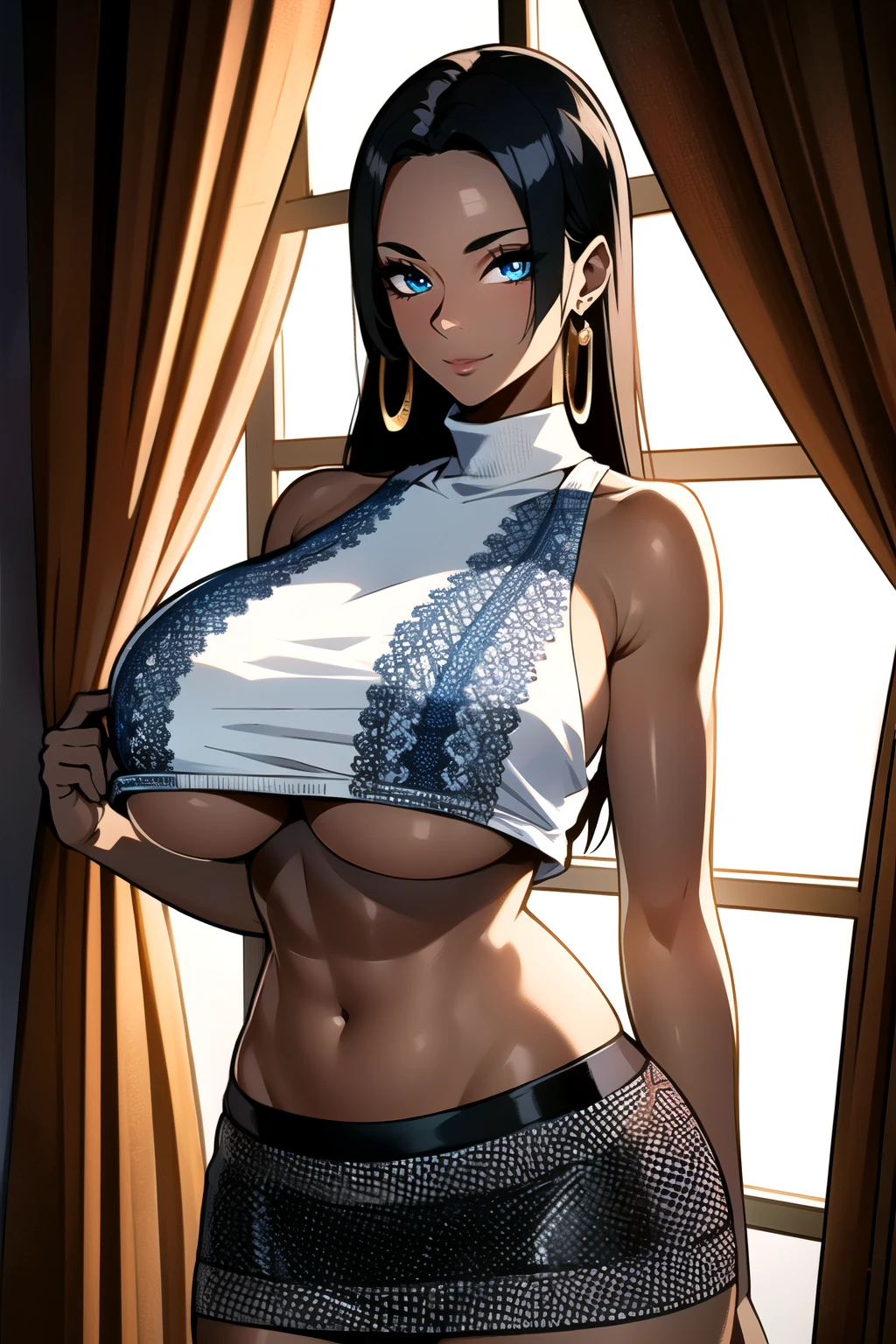 ultra realistic 8k cg, masterpiece, ((ultra detailed background, delicate pattern, intricate detail, highly detailed, fine details best quality, hyperdetailed face)), gigantic breasts ,beautiful lighting, absurdres, BoaHancockV2, 1girl, solo, black hair, long hair, jewelry, closed mouth, ), (black crop top, turtleneck, bare shoulders, black split skirt, underboob, earrings, blue eyes, complex detailed background, inside, luxury palace), ((cowboy shot)), curvy, gigantic breasts, seductive smile,((light dark skin: 1.4))