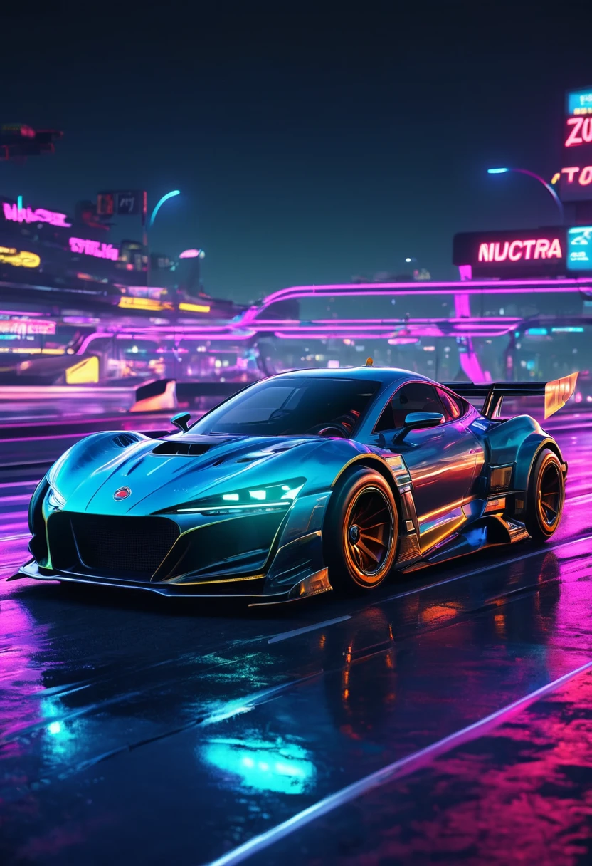 A racing car, futuristic, cyberpunk, ultra realistic, at night, on highway, neon lights up