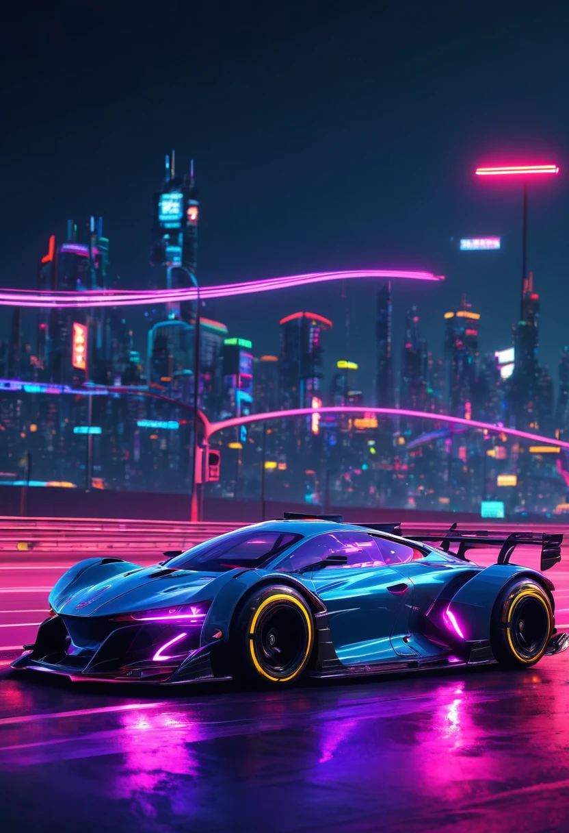 A racing car, futuristic, cyberpunk, ultra realistic, at night, on highway, neon lights up