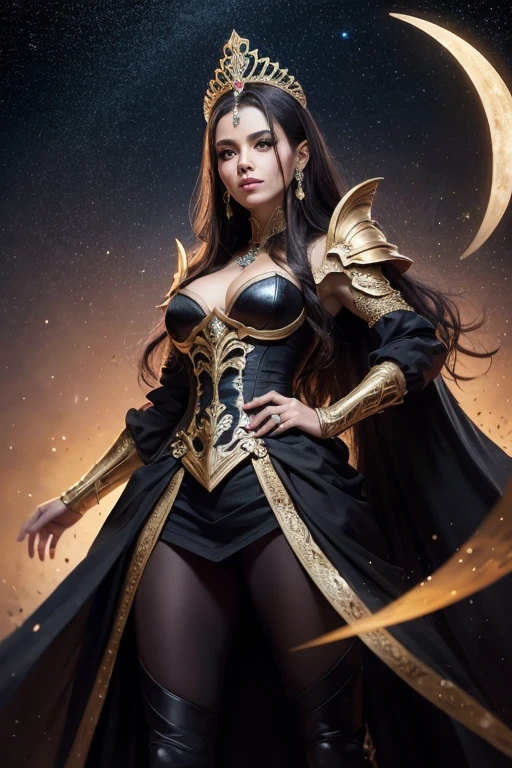 melhor qualidade, bruxa voando no ar, rosto perfeito, red cheekbones, biting the lips, olhar sedutor, starry sky with the moon in the background, pose de corpo inteiro, linda feiticeira, corpo perfeito, coxas grossas, bunda grande, vestido vermelho, full view of the black sorceress, traje vermelho, corpo inteiro, feiticeira poderosa, gold tiara on head