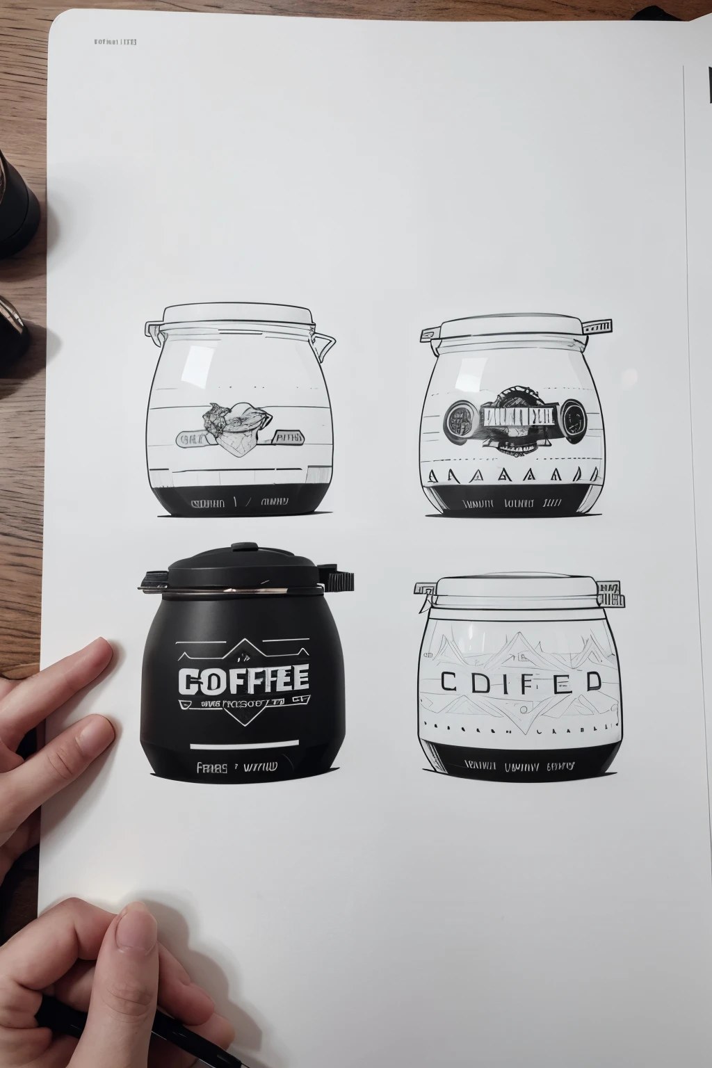 a black and white drawing of coffee supplies, scattered vector graphics icons, white spacing, baking background, adult character, is essentially arbitrary, 1:1.41 ratio, die - cut sticker, deep learning, children's artwork