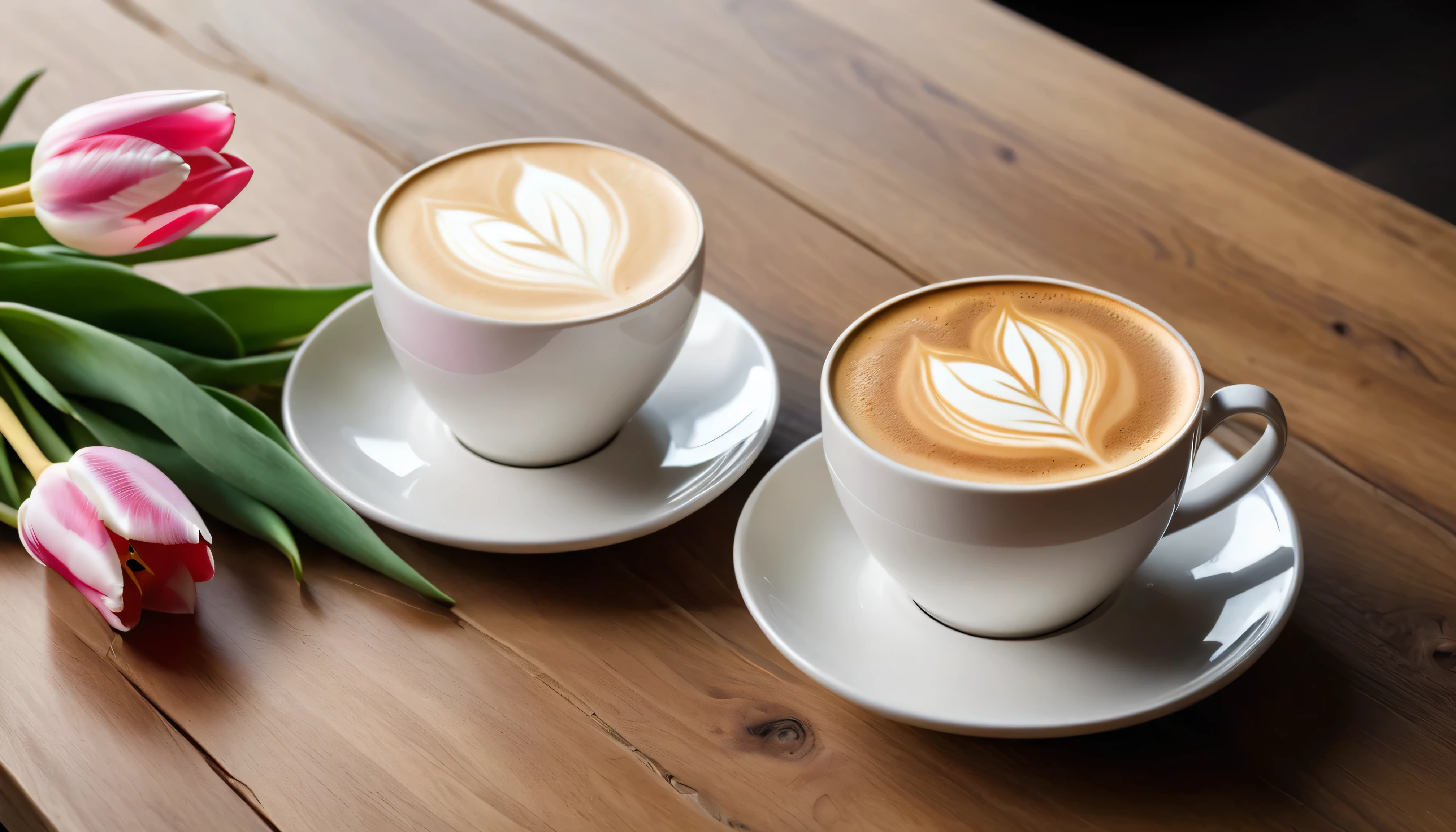 Two pink and white tulips are naturally laid Flat on the wooden table From top to bottom.A cup oF latte1:6 beautiFul latte art.Slight smoke coming from the white matte ceramic cup.Sophisticated and elegant..超级detailed.detailed,tonal texture.Obvious contrast oF light and shadow.High-end and quality.halF-length view , 50mm , F/1.8 , Shutter speed 1/60 , ISO 50 ,Color temperature 4000k, masterpiece.First-person view.no humans.super wide angle, Fresh and bright light and shadow.Excellent composition.leave blank.Tulips out oF Frame.outer boundary, anatomically correct, best quality, masterpiece.