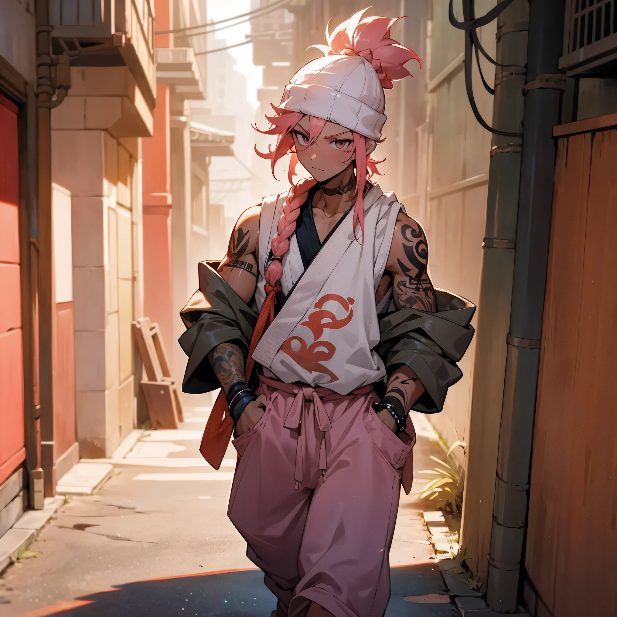1male, young teen, tan skin, finely detailed coral eyes, medium messy top knot, pale pink ombré hair color, loose sleeveless haori, loose baggy pants, hands in pockets, walking down alley, night, somber expression, village, serious, tattoos, muscular, beanie, face whiskers