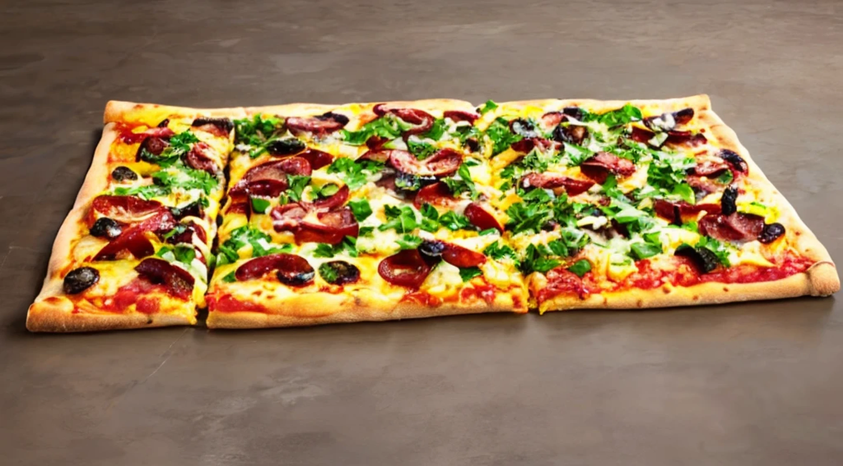 there is a large rectangular pizza with different corn flavor toppings, Calabresa, strogonof frango, bell pepper , pizza em uma mesa, a pizza tem um grande cornicione, Alimentos comerciais 4K, muito saboroso, pizza italiana, Easy, multi - camada, pizza a cabana, em um fundo escuro, Pizza Cosmo, pizza, pizza, um plano amplo e completo, super high resolution, 🥥 🍕 Hybrid