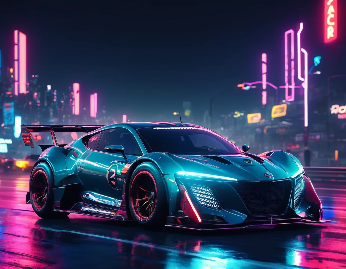 A racing car, futuristic, cyberpunk, ultra realistic, at night, on highway, neon lights up