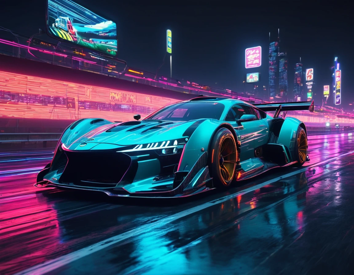 A racing car, futuristic, cyberpunk, ultra realistic, at night, on highway, neon lights up