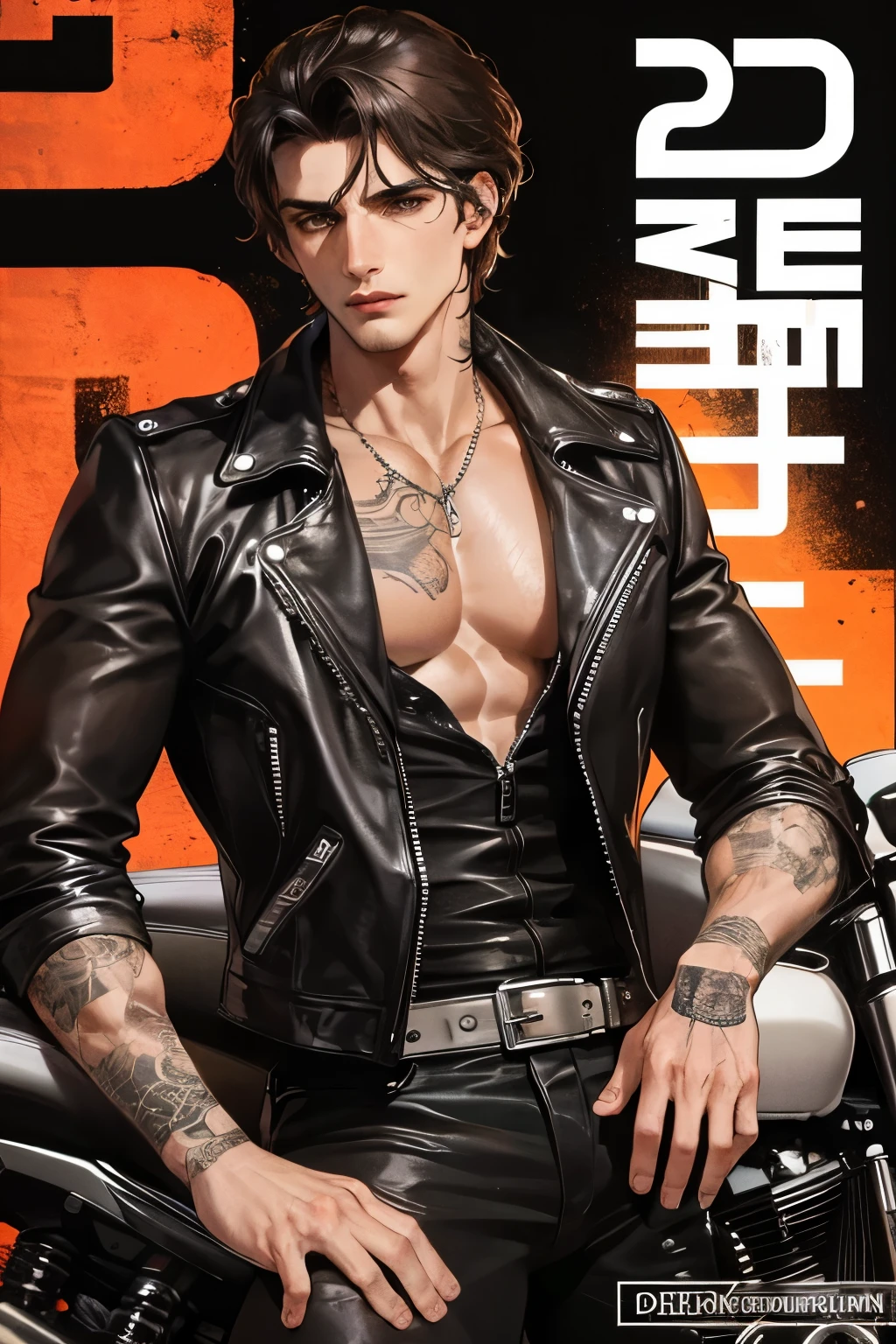 cover for a book, photography of a sexy rider man, a solo man, (((man))), (masculine face), 25 years old, motor rider, big bad boy, (brown eyes), expressive look, curly black hair, (((dark background))), shine hair, unshaven, leather jacket, tattoos, super detailed face, perfect body, perfect shapes, realistic image, award winning photography, 8k,