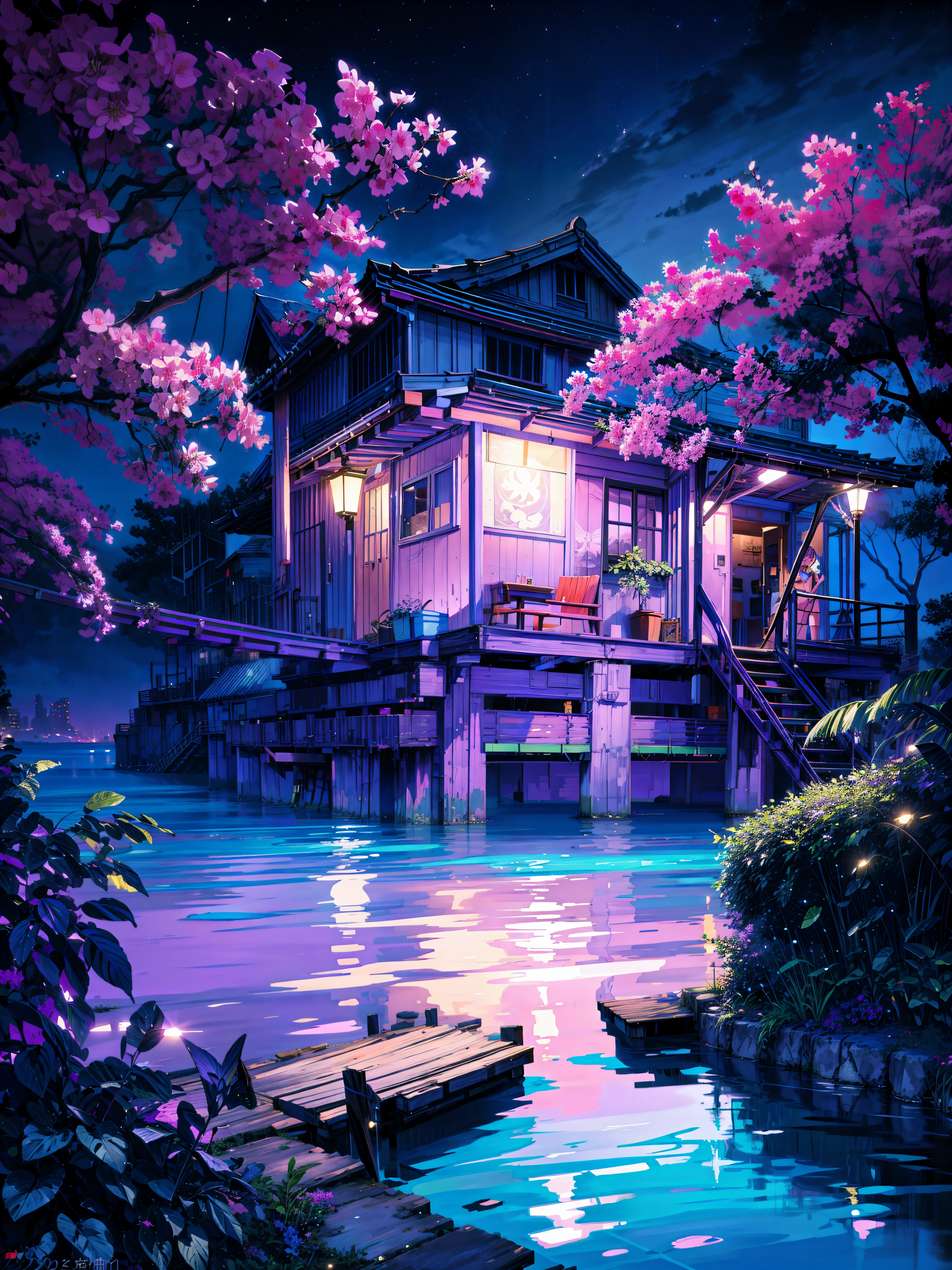 painting of a neon ((purple ,blue )) moonlight,dock areas, Bougainville decoration , , moonlight, river, moonlight reflection,beautiful art uhd 4 k, a beautiful artwork illustration, beautiful digital painting, highly detailed digital painting, beautiful digital artwork, detailed painting 4 k, very detailed digital painting, rich picturesque colors, gorgeous digital painting, no human