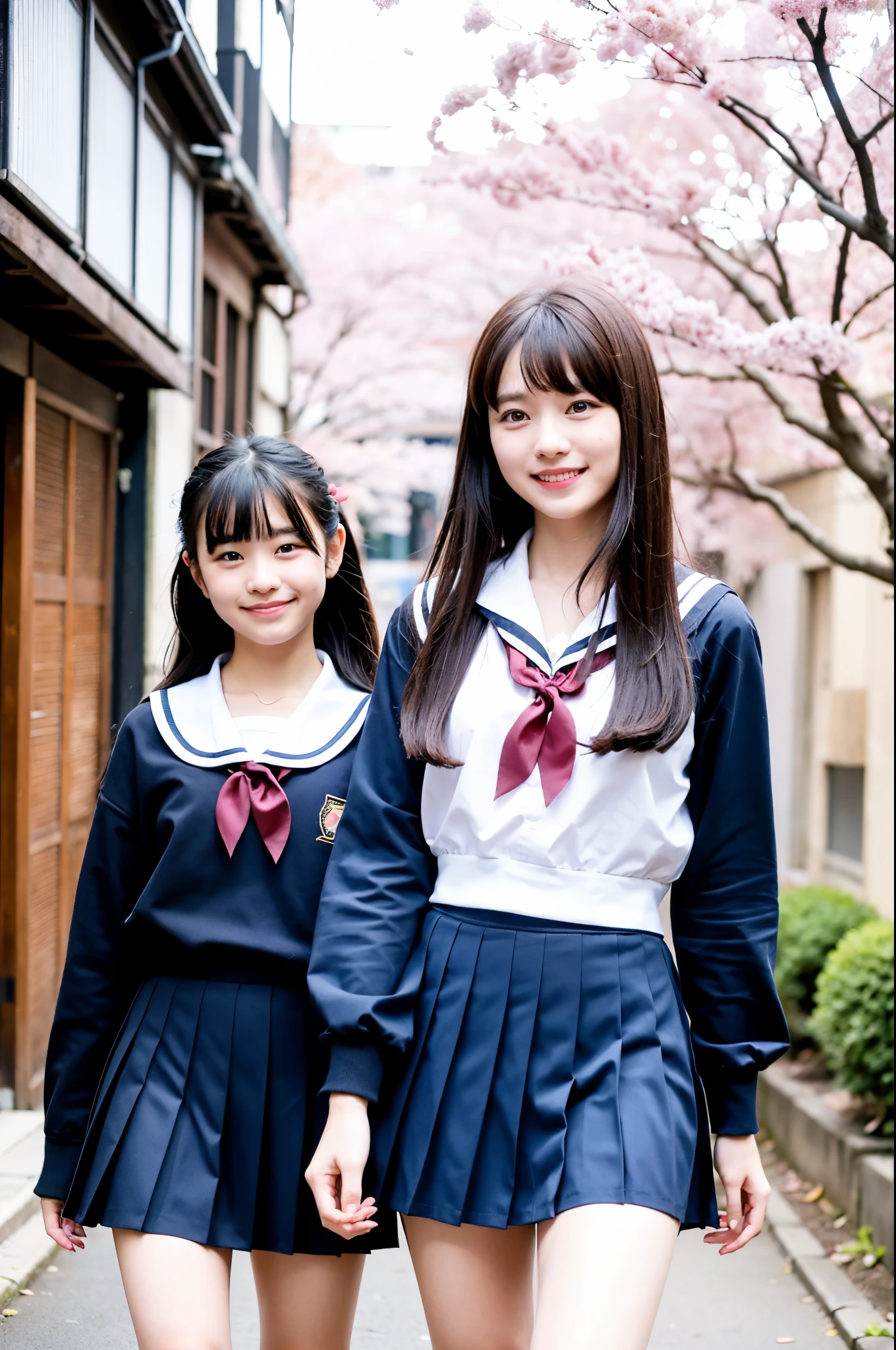 girls walking in old-Japanese street under cherry blossoms,long-sleeved school sailor shirt,navy blue pleated skirt,school bag,18-year-old,bangs,a little smile,thighs,knees,straight hair with barrette with white bow,from below,front light