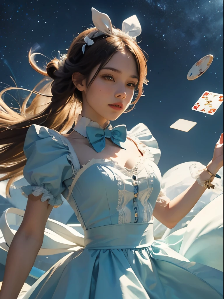 an outstanding masterpiece, Ultra photo realism, perfect illustration, intricate details, best quality, strong light , high contrast, dynamic pose, blue dress and white shirt , Star wearing a fluffy dress,hearts and spades poker , golden rabbit in bow tie , Cream lace trim,Match it with bright sky blue gauze. , There are also a pair of large bows at the back. , in wonderland , mural puzzle-like elements