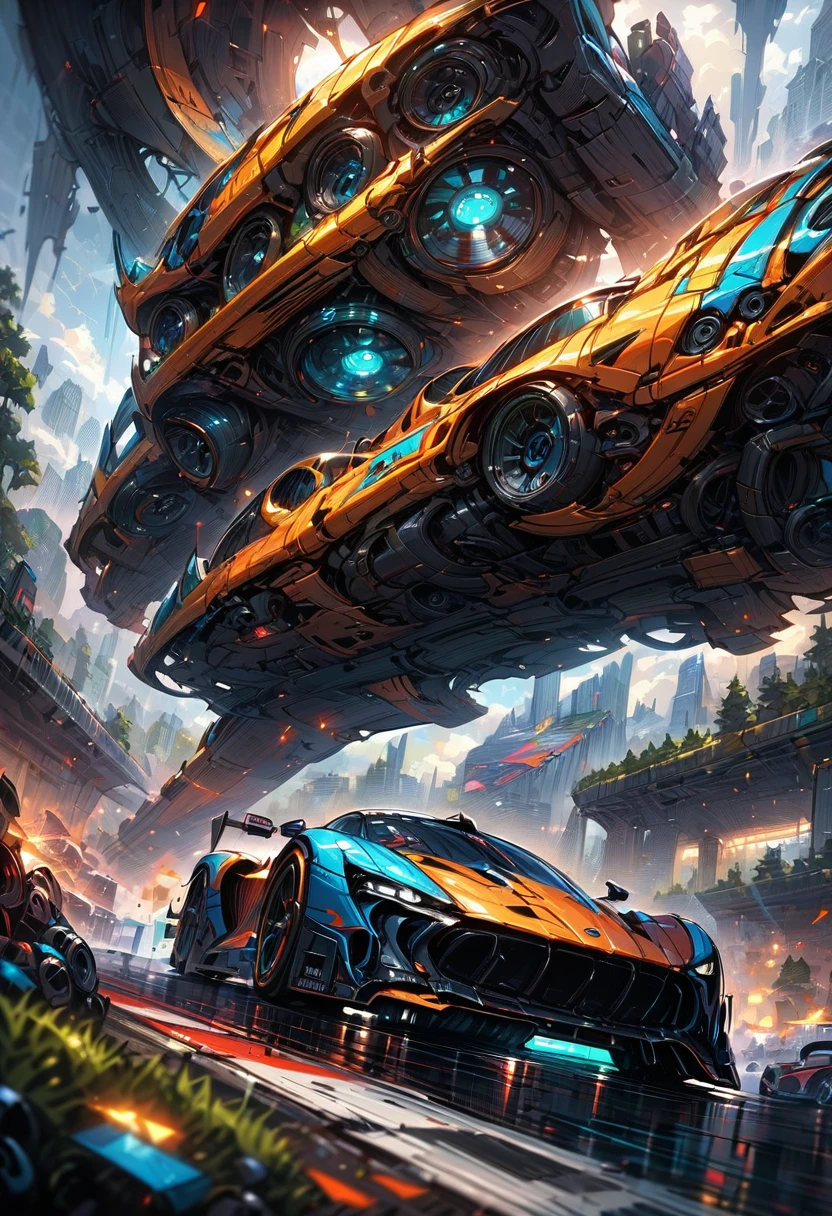 racing cars, by dan mumford, (best quality, masterpiece, perfect composition, very aesthetic, ultra-detailed, intricate details:1.3)