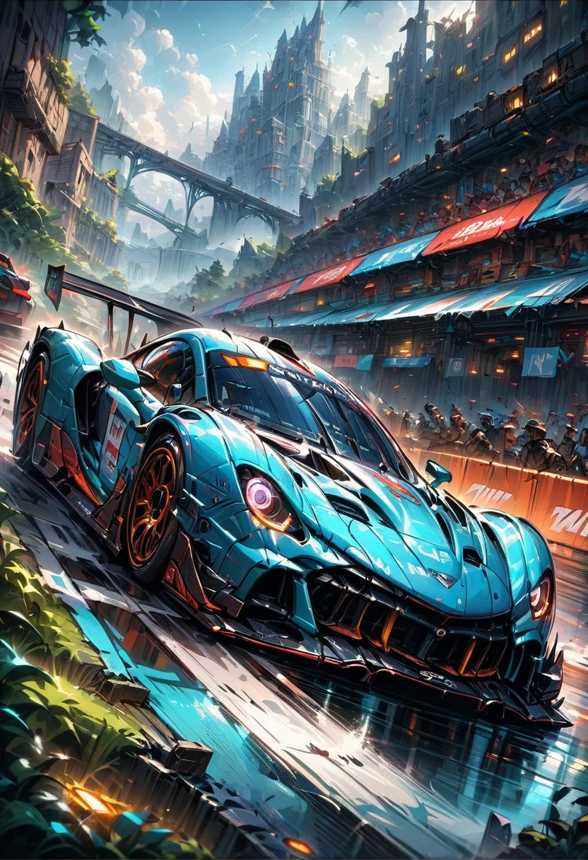 racing cars, by dan mumford, (best quality, masterpiece, perfect composition, very aesthetic, ultra-detailed, intricate details:1.3)