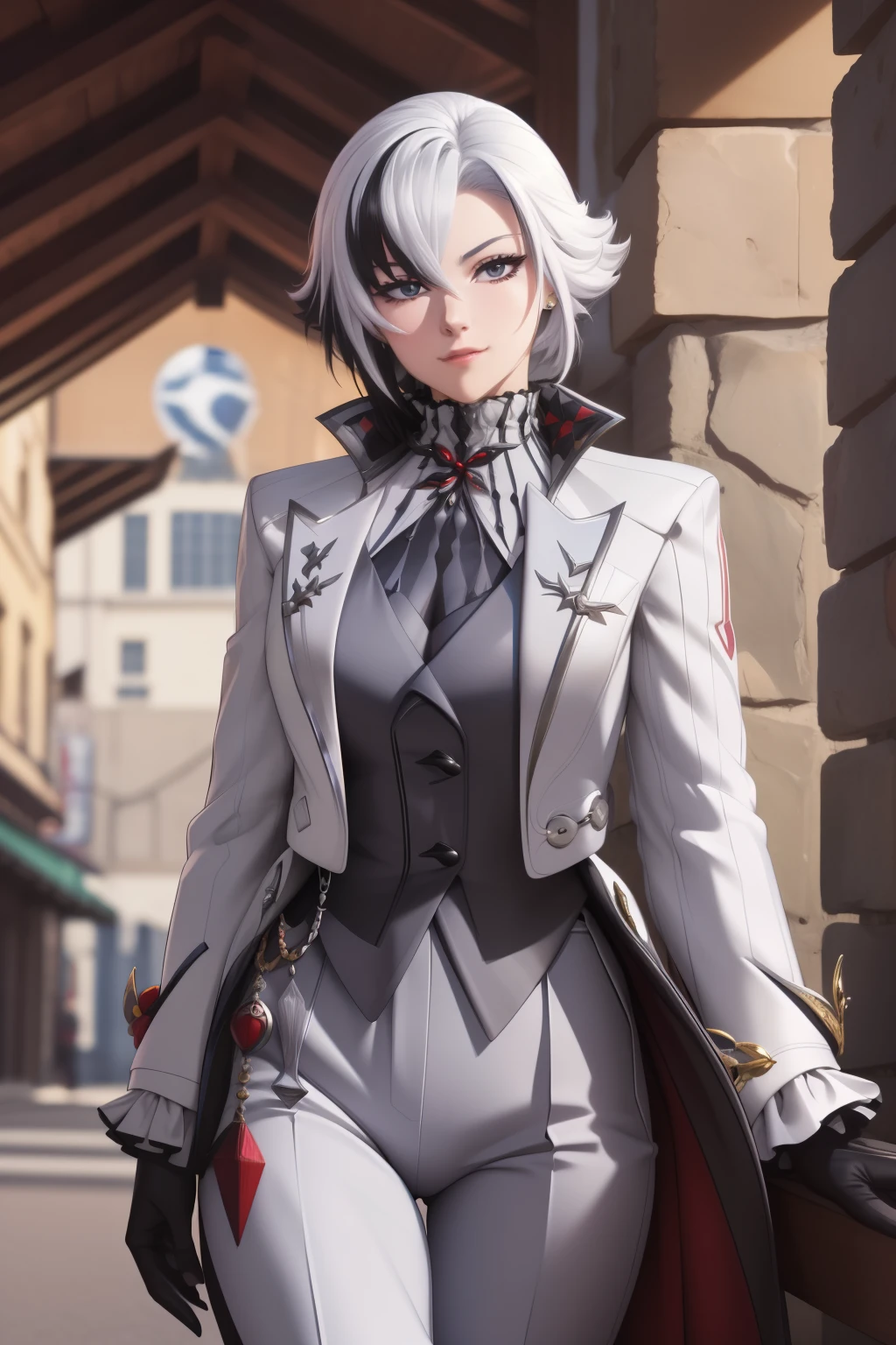 (top-quality, in 8K, 32K, masterpiece, A high resolution, Impressionism, Photorealsitic:1.2, anime style), ((detailed faces and eyes, beautiful face)), (((Masterpiece, mature female, Arlecchino, white and grey jacket with long sleeves, black trousers, high collar, formal suit, white hair with black streaks, black gloves))), Cinematic, 4k,