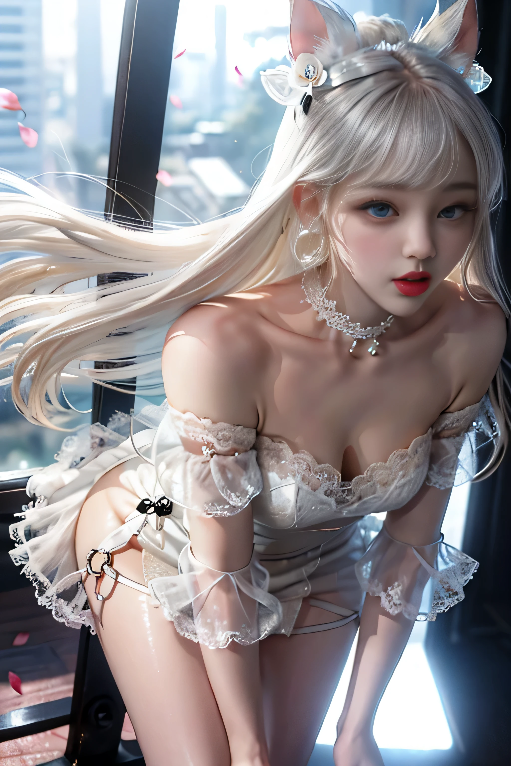 portrait、bright look、young shiny glossy white shiny skin、best looks、ultimate beautiful girl、The most beautiful platinum blonde hair in the world、shiny bright hair,、super long smooth straight hair、shine美しいbangs、shineクリスタルクリアな魅力的な青い目、very beautiful and nice cute girl、medium sized breasts、(A girl walking along a row of cherry blossom trees)、 silver hair, bangs, 鈍いbangs, long straight hair, aqua eye, long eyelashes, Solid Circle Eye, compensate, open your mouth, blush, parted lips, bright pupils, smiley, enchanting smile, shine, modern、black pantyhose、high heels４、（(pure white dress、floral dress、、off shoulder、Panty shot: 1.6)）、High-rise buildings are hazy in the windows、((my skirt flies in the wind)),((Show me your white lace panties)),),(リフトPanty shot),(Petals are waiting)