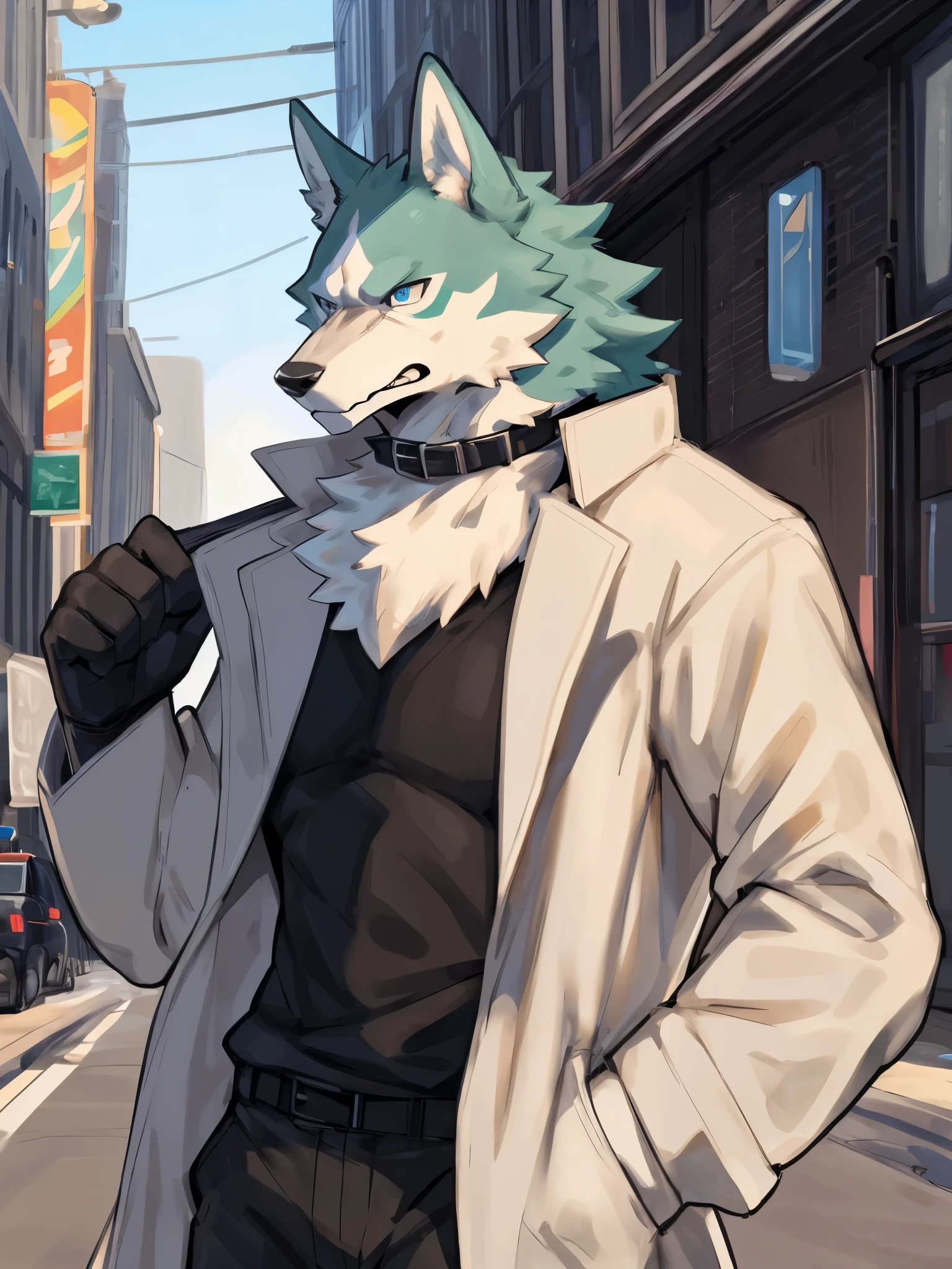 (((Detailed anatomy, detailed eyes, detailed body detailed face, best quality, high resolution))), solo, 1male, Shirou Ogami, wolf, adult body, white furs, skinny muscle, greyish blue eyes, grey collar, beige trenchcoat, black t-shirt long sleeve, black short gloves, grey pant, grey shoes, in the street, by Zackary911, by K0bit0wani, by Buta99