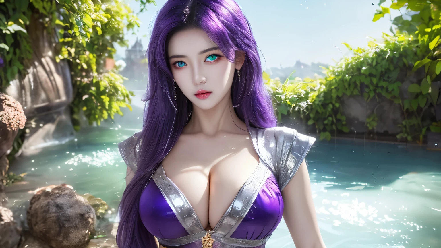 high quality, best quality, group of beautiful woman, harem, Chinese fantasy, detailed outfits, slightly transparent clothes, huge breasts, wide hips, cleavage, long hair, sexy women, magical setting, good face, detailed eyes, exquisite face, pale skin, flawless skin, seductive, glowing lights, makeup, thin eyebrows, delicate eyebrows, gorgeous face, Beautiful surroundings, best illuminate, soft lighting, Vivid and bright, several women, slim waist, high fantasy, many beautiful girls, (Girl, eyes different colours, one blue eye, one green eye), ((girl, heterochromia, silver eye on left, purple eye on right)), 3 girls, outside background, intricate clothes, magical flying boat in background, (1girl, large breasts, purple colour hair, purple colour eyes)