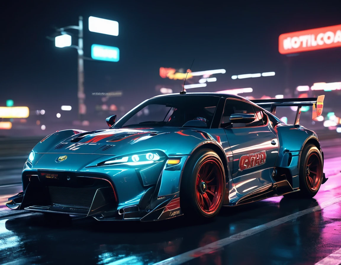 A racing car, futuristic, cyberpunk, ultra realistic, at night, on highway, neon lights up, close up, focus car, blurry, akira toriyama style, vehicle