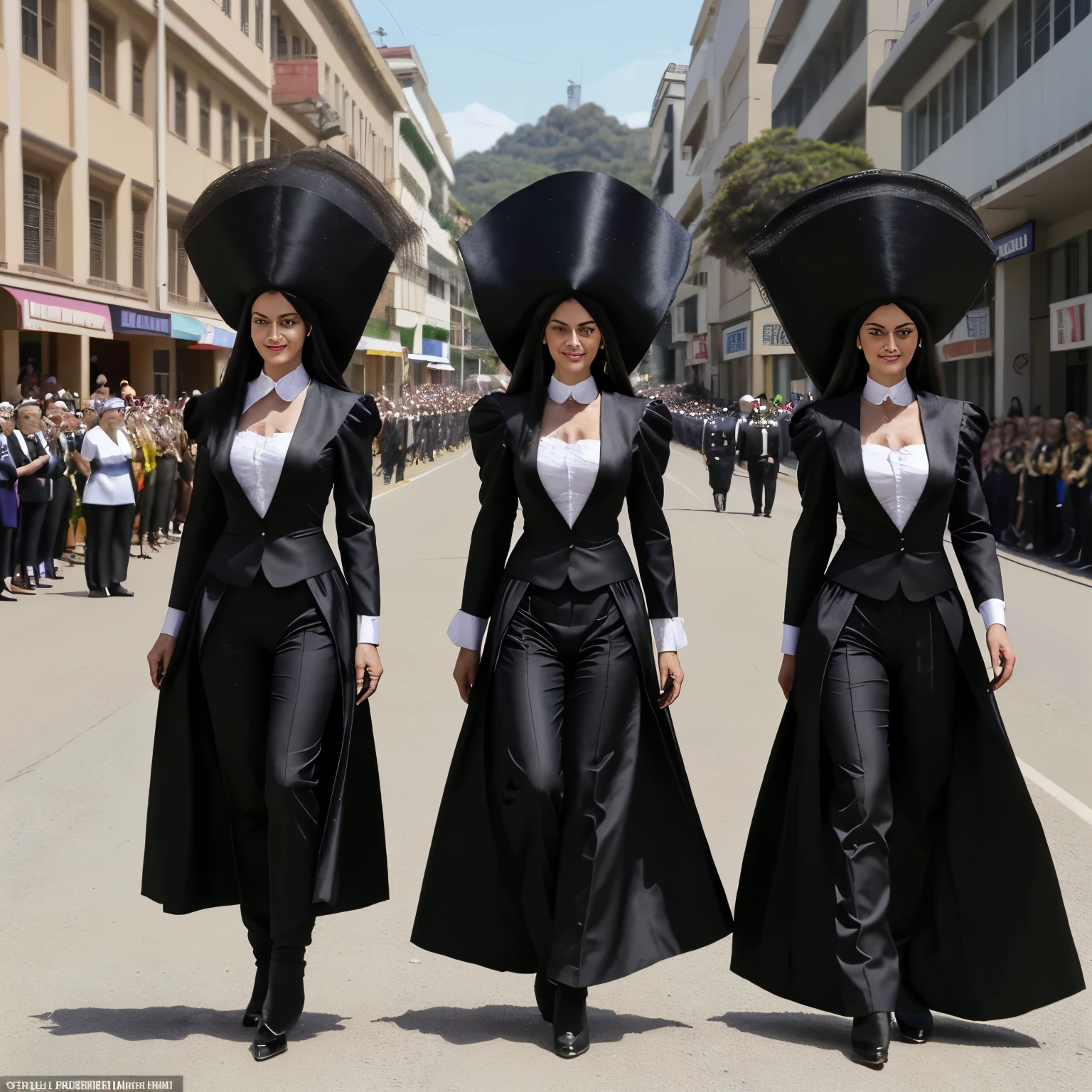 three tall women,magras,pardas,cabelo liso loiro e preto,they are wearing formal clothes and are in a parade