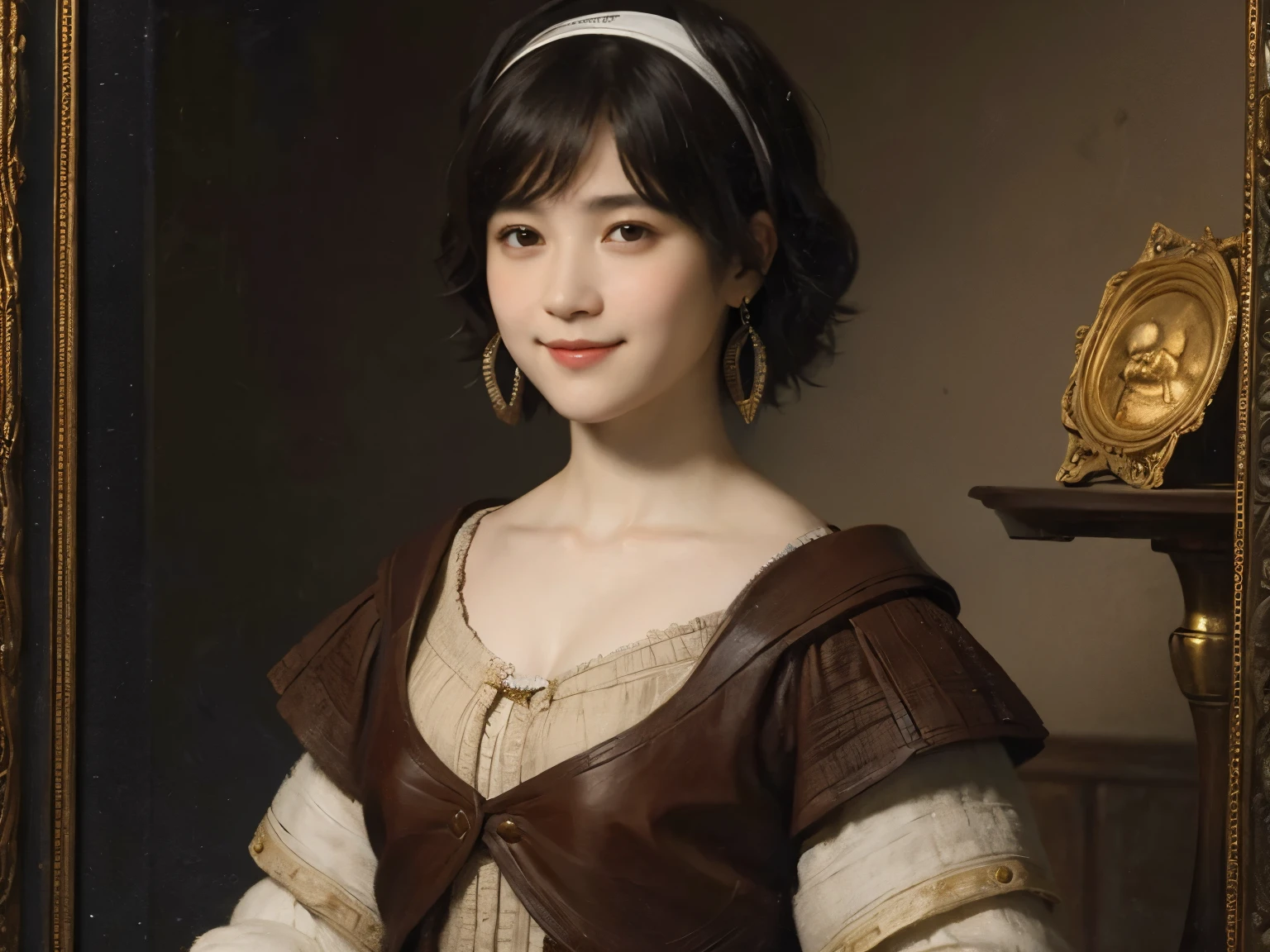 182 short hair, 20 year old female, gentle smile, (rembrandt style painting), (chest:1.2)