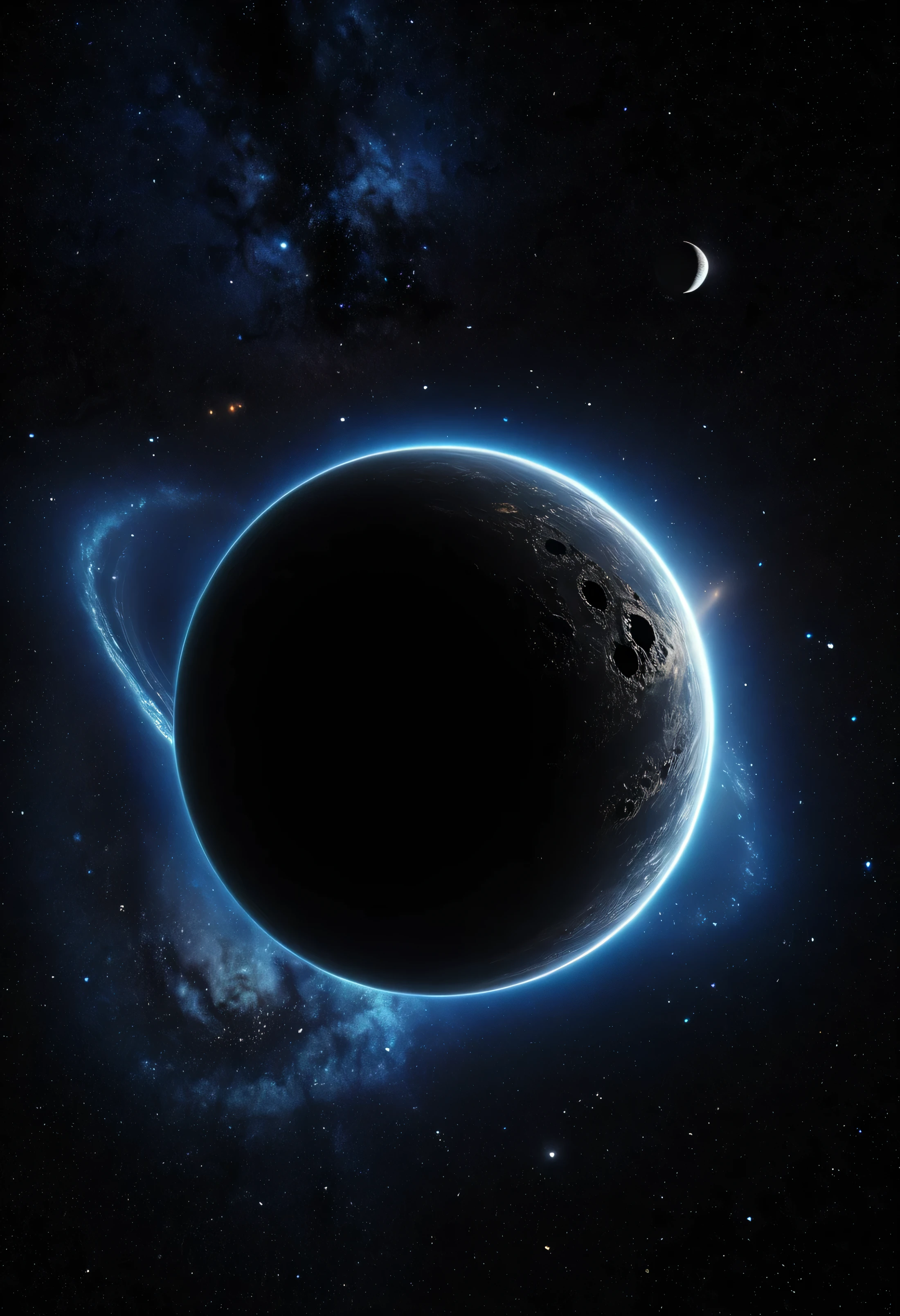 deep black space and a black hole eating other planets,stars and galaxys in  the midle,ultra real 