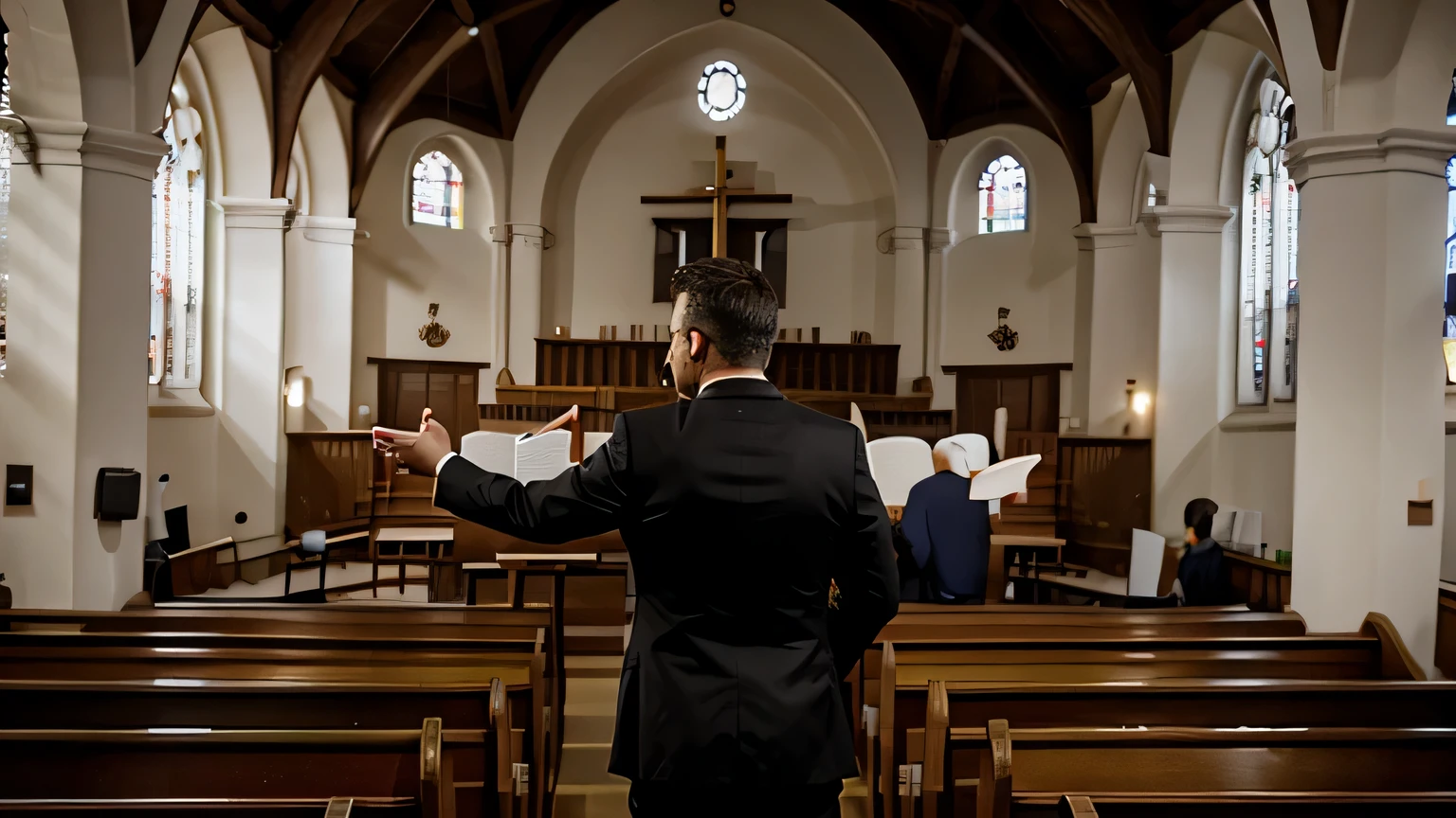 a fake pastor preaching in a church full of believers