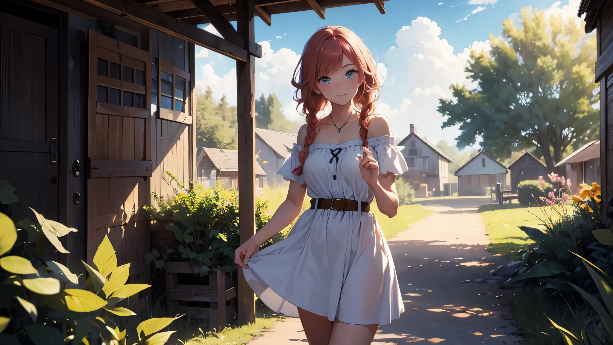 ((masterpiece,best quality,ultra detailed,ultra high res,detailed country yard background)), soft realistic focus, dynamic shadows, realistic image, vibrant colors,light leaks,dreamy atmosphere,chiaroscuro,BREAK
experimental charm, The girl is depicted in full growth, you see the girl from head to toe, nostalgic appeal, country girlfriend, she take you with yourself, simple open short dress, soft mischievous smile, freckles, shiny light red hair, big sister pose, thick braids, hands resting on the hips on the belt and legs widely spaced, slightly leaning forward, flashback of memories, endless summer, distant childhood