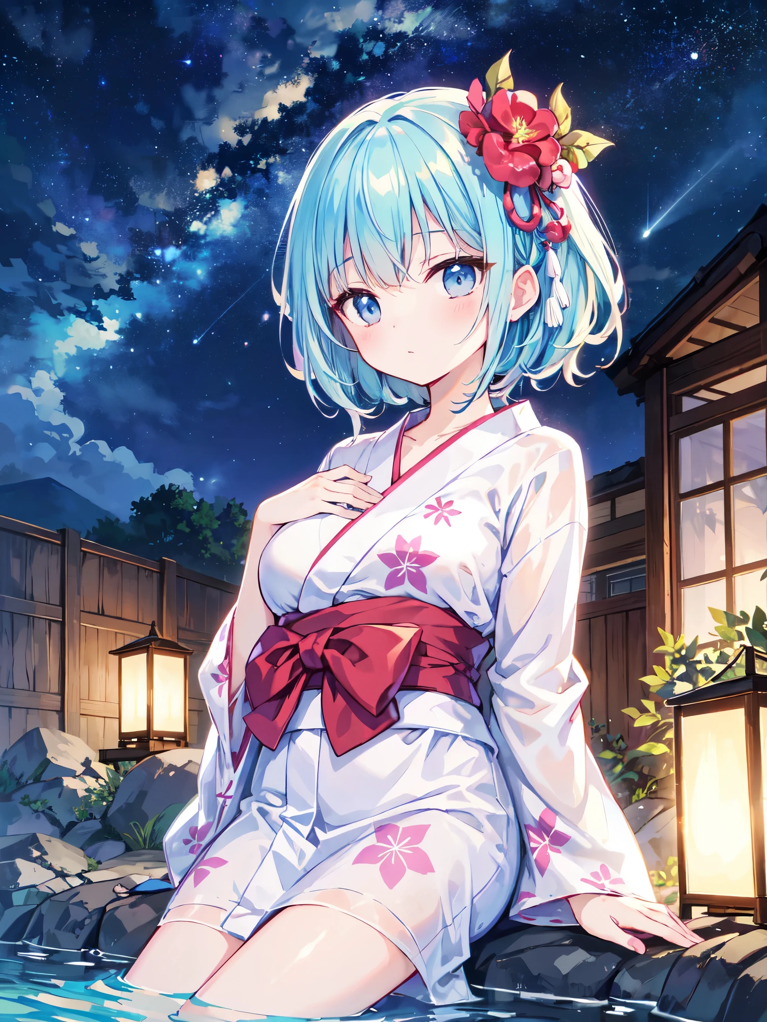 (masterpiece)、(highest quality)、((Super detailed))、(super delicate)、pastel colored hair、beautiful breasts、yukata、Hot spring at night、fantastic starry sky