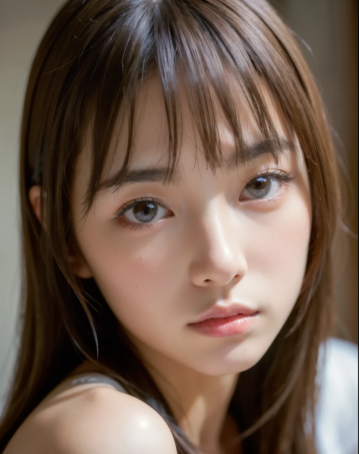 best quality, face focus, soft light, ultra high res, (photorealistic:1.4), RAW photo,
1japanese girl, solo, cute, (pupil, lights in the eyes),  detailed beautiful face, (small chest),(high resolution detail of human skin texture),
(long hair),
indoor,
Damask Shirt Dress,
(portrait)