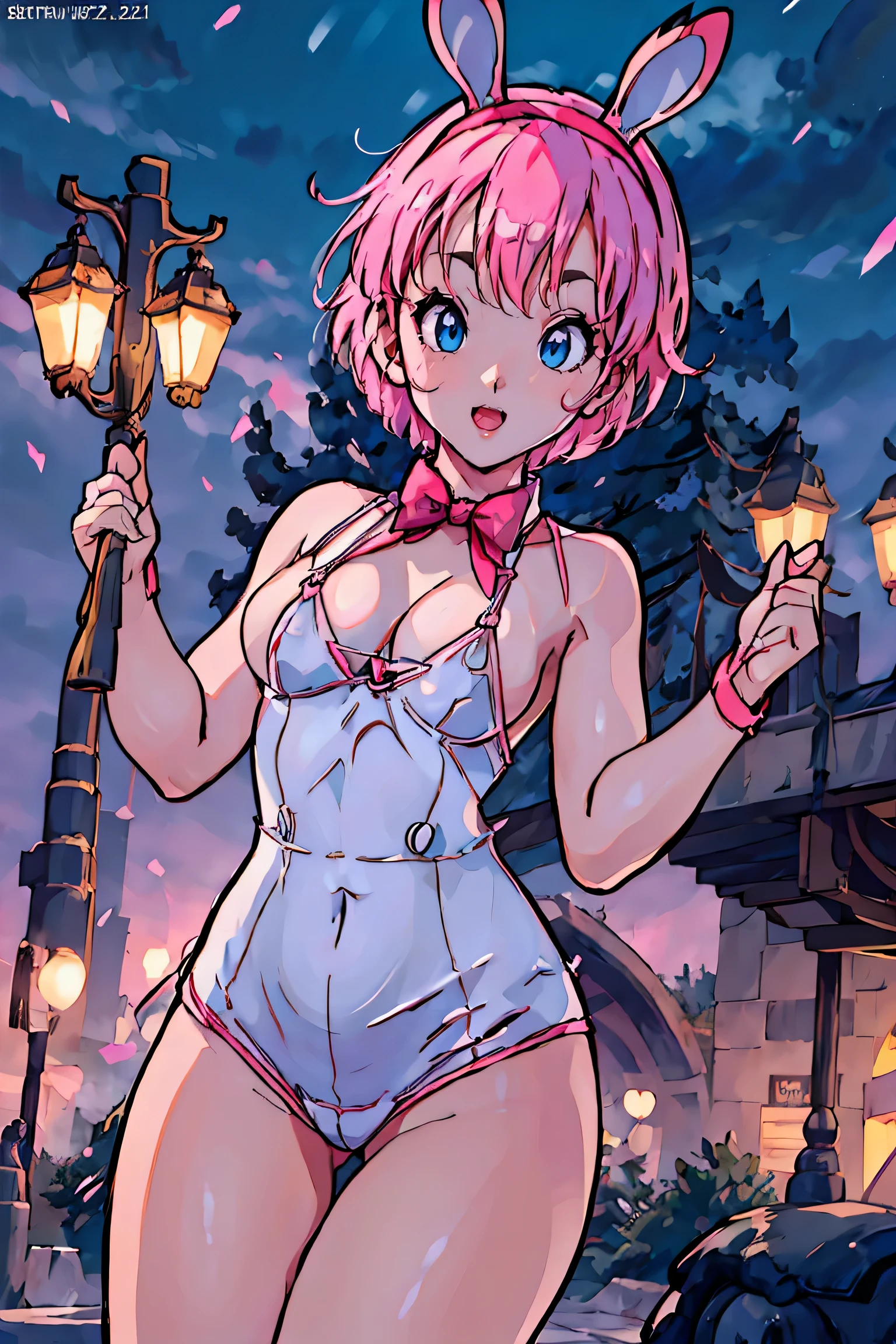 Open-air bath at night、noche、noche town、Neon glowing city、paisaje urbano de showa、bajo la farola、vestido rojo、cabello rosado、escena nocturna、escote del pecho、(8K, de primera calidad, obra maestra:1.2), (realisitic, Fotorrealista:1.37), ultra detallado, 1 chica en, Capa de esbifa de cuerpo entero、cute little、solo、Hermoso cielo nocturno detallado、(Una sonrisa:1.15)、(boca cerrada)、、Ojos en hermosos detalles、(cabello corto:1.2)、Cabello flotante NovaFrogStyle、pieza masetero、Bob atajo rosa、Orejas de conejo realistas、Orejas de conejo realistas rosas、Orejas realistas de conejos saliendo de la cabeza.、cabello rosado、Beautiful girl in her 20s、Fascinating atmosphere、Manos con hermosas formas、k-pop、Orejas de conejo rosa、1 chica en、solo、 obra maestra、de primera calidad、realisitic、Hiperdetalle、(piel brillante:1.4)、absurdo、pelo corto rosa、Bellezas esbeltas、dynamic lighting、high resolution、sharp focus、profundidad de campos、(grueso apretado:1.0)、un delgado :1.2,((Cabello bob corto))、((k-pop:1.3)),Textura facial y de piel muy detallada.、((encantador)),Anatomically correct number of fingers.,correct anatomy, mojado