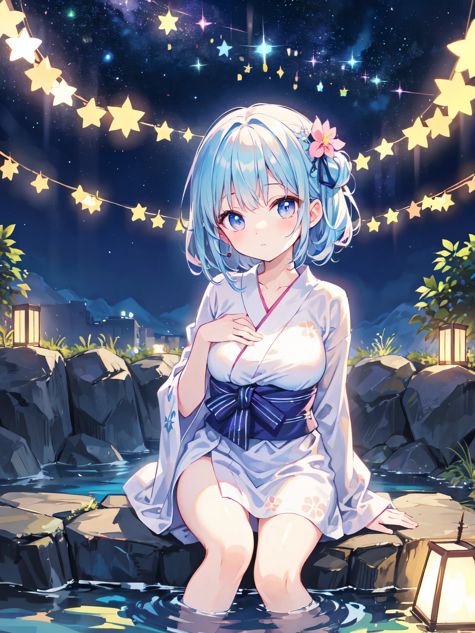 (masterpiece)、(highest quality)、((Super detailed))、(super delicate)、pastel colored hair、beautiful breasts、yukata、Hot spring at night、fantastic starry sky