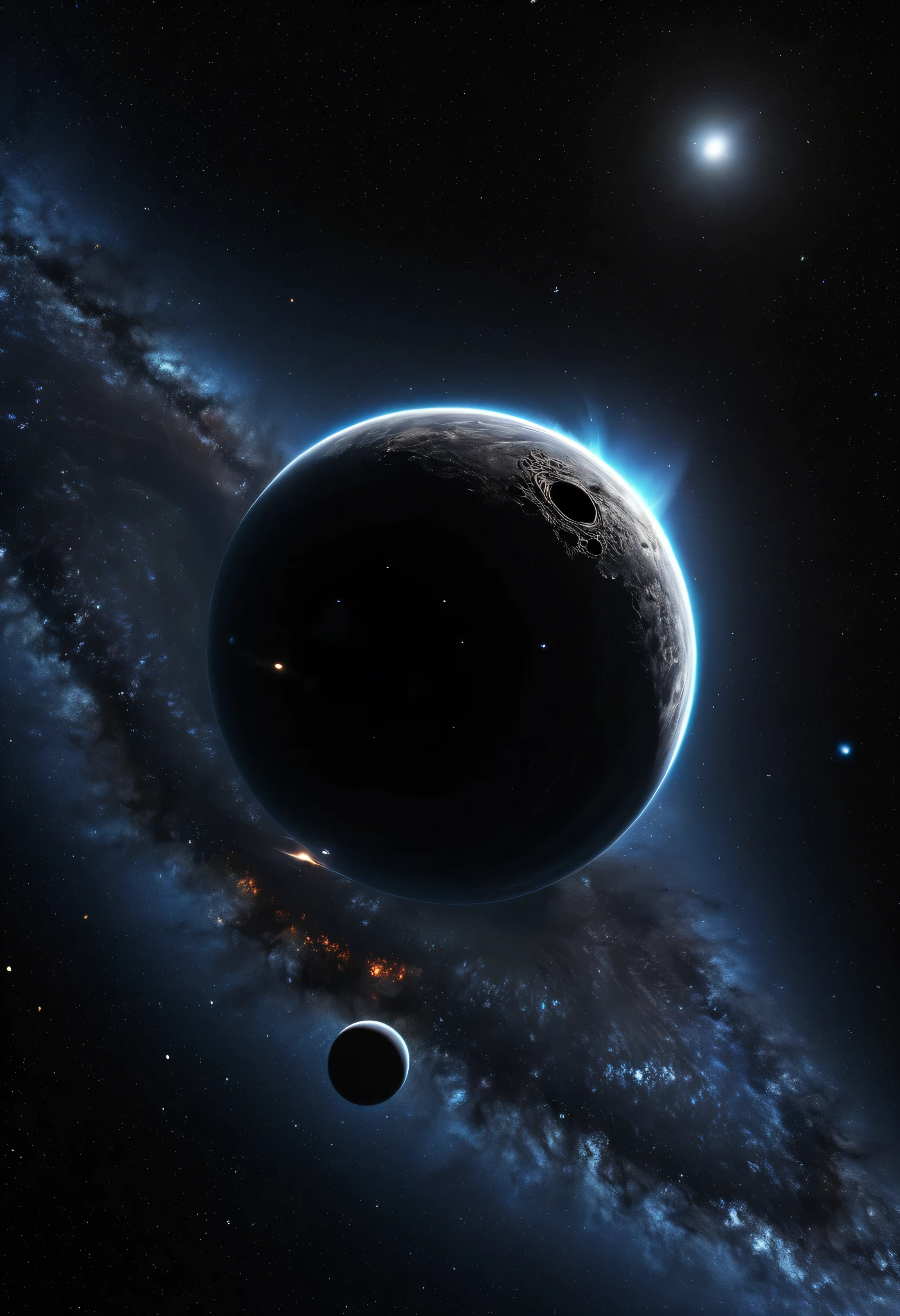 deep black space and a black hole eating other planets,stars and galaxys in the midle,ultra real