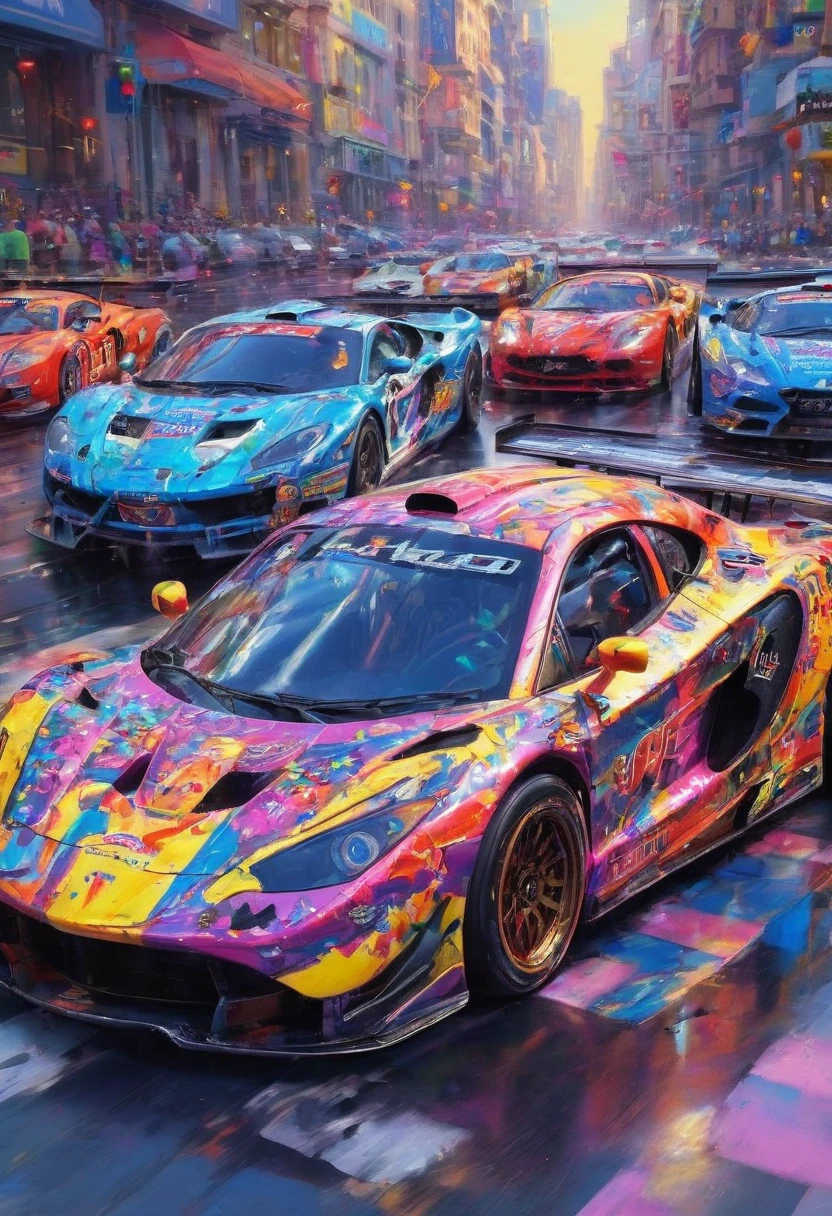 racing cars, by Lisa_Frank, best quality, masterpiece, very aesthetic, perfect composition, intricate details, ultra-detailed
