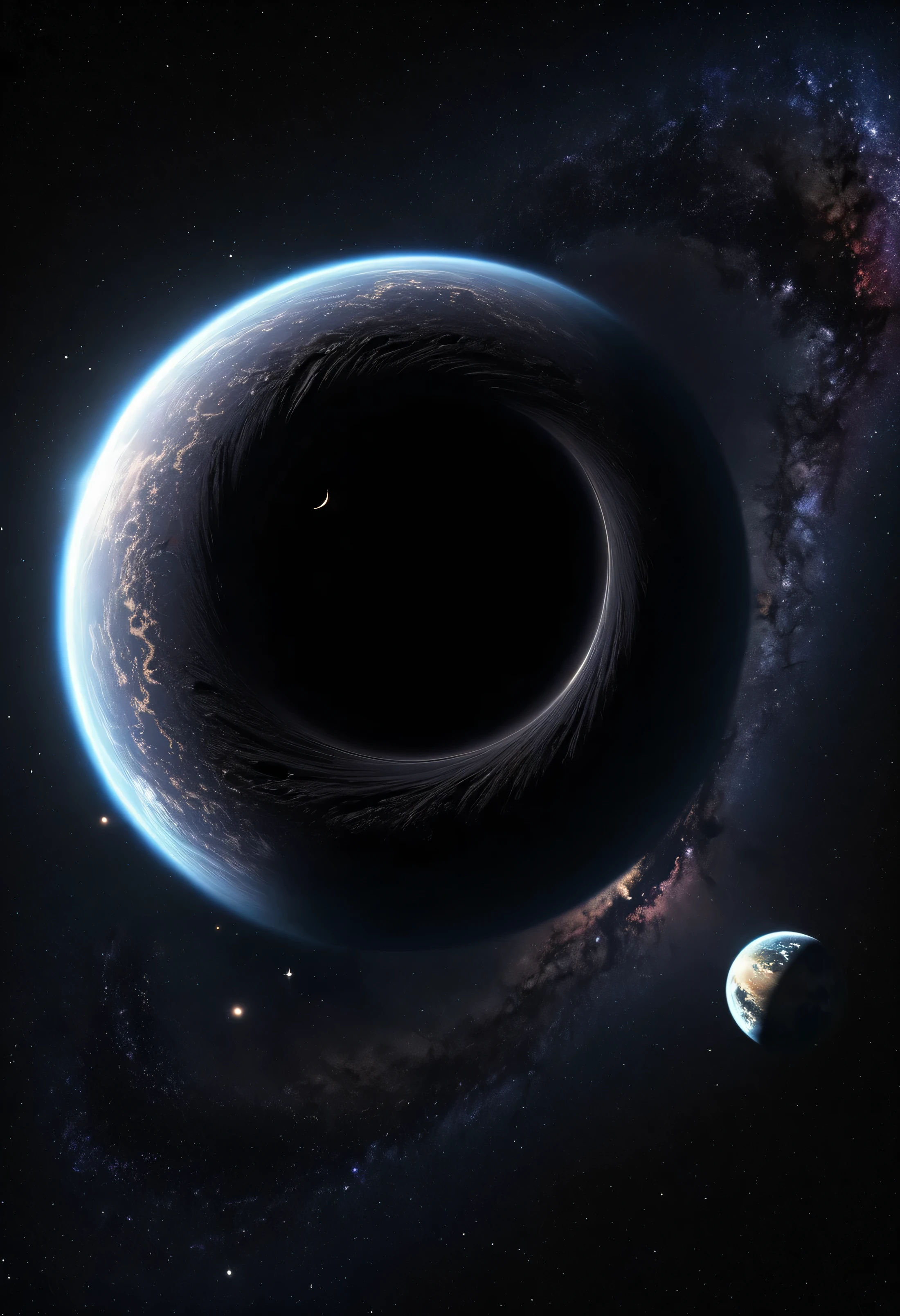 deep black space and a black hole eating other planets,stars and galaxys in the midle,ultra real
