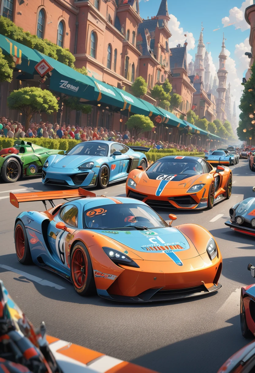 racing cars by Zootopia, (best quality, masterpiece, perfect composition, very aesthetic, ultra-detailed, intricate details:1.3)