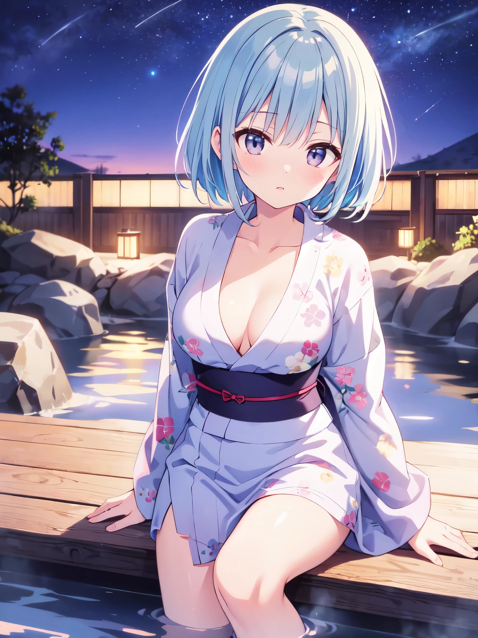 (masterpiece)、(highest quality)、((Super detailed))、(super delicate)、pastel colored hair、beautiful breasts、yukata、Hot spring at night、fantastic starry sky