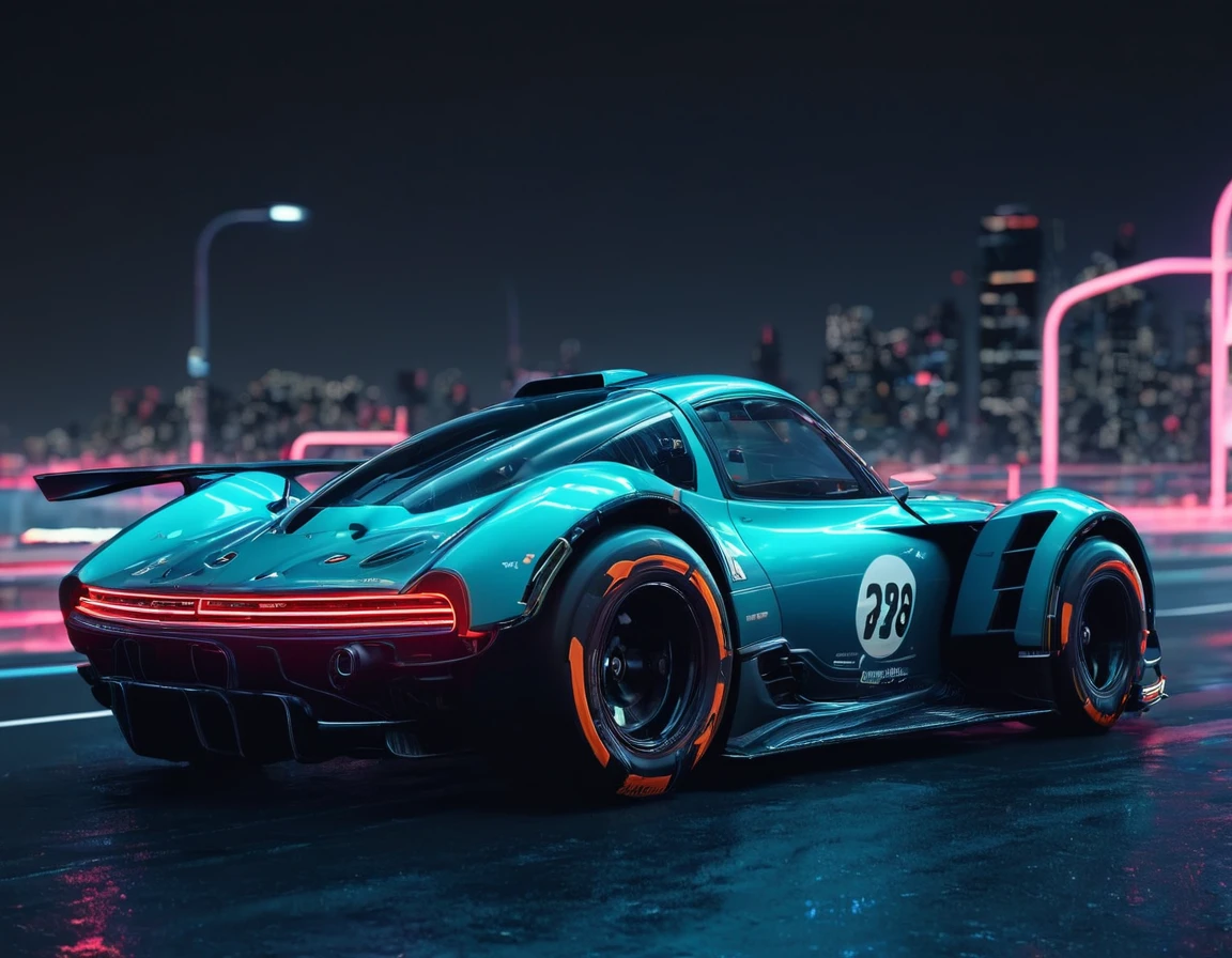 A racing car, futuristic, cyberpunk, ultra realistic, at night, on highway, neon lights up, close up, focus car,  motion blur