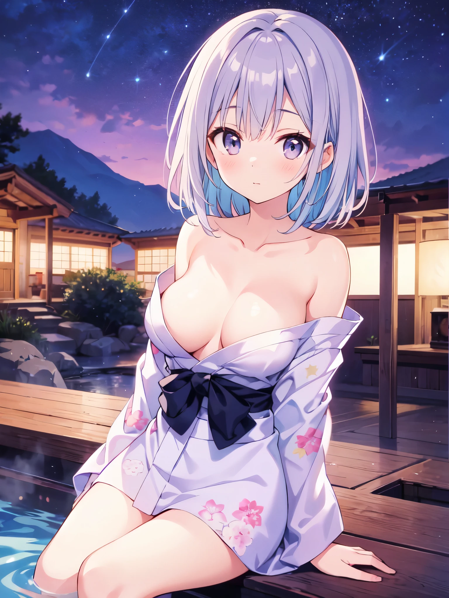 （masterpiece）、(highest quality)、((Super detailed))、(super delicate)、pastel colored hair、beautiful breasts、yukata、Hot spring at night、fantastic starry sky