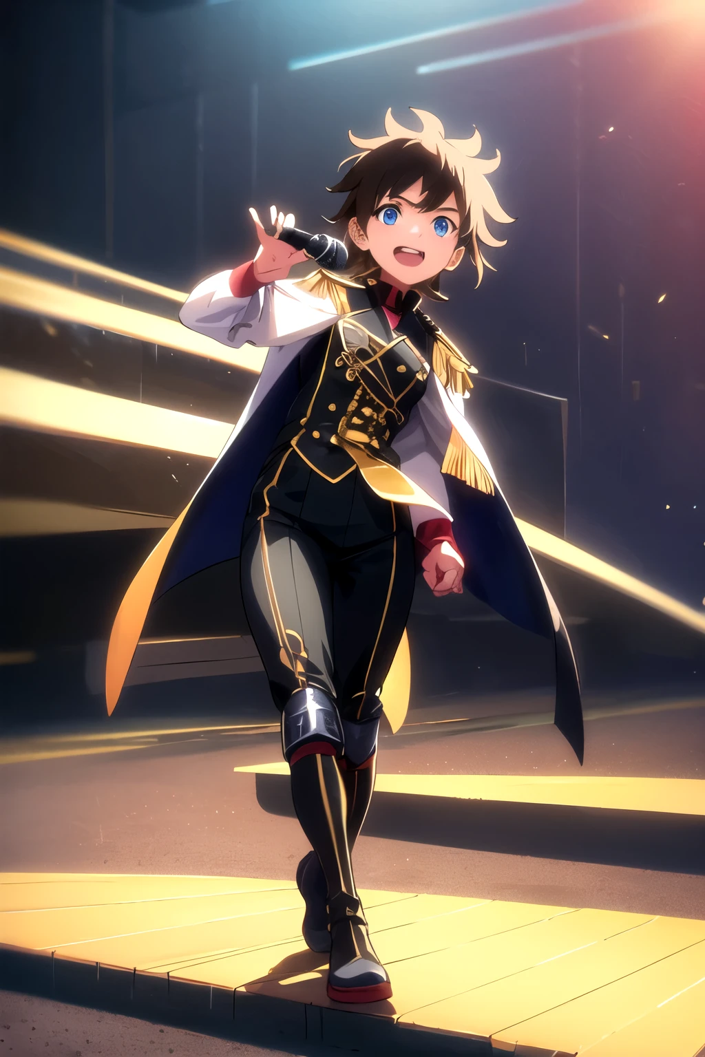 ((Mejor calidad)), ((obra maestra)), (detallado), Full-body anime-style illustration of a young s old pirate captain named Nika, with short and spiky brown hair with white streaks, bright blue eyes, and an athletic body. He wears a black pirate captain suit with gold details and high boots. Nika is smiling as he sings with a microphone in a solitary scenery. The illustration should convey a manga, whimsical, JRPG-like, enchanting, and emotionally evocative vibe. The lighting should be flat, and the background should b