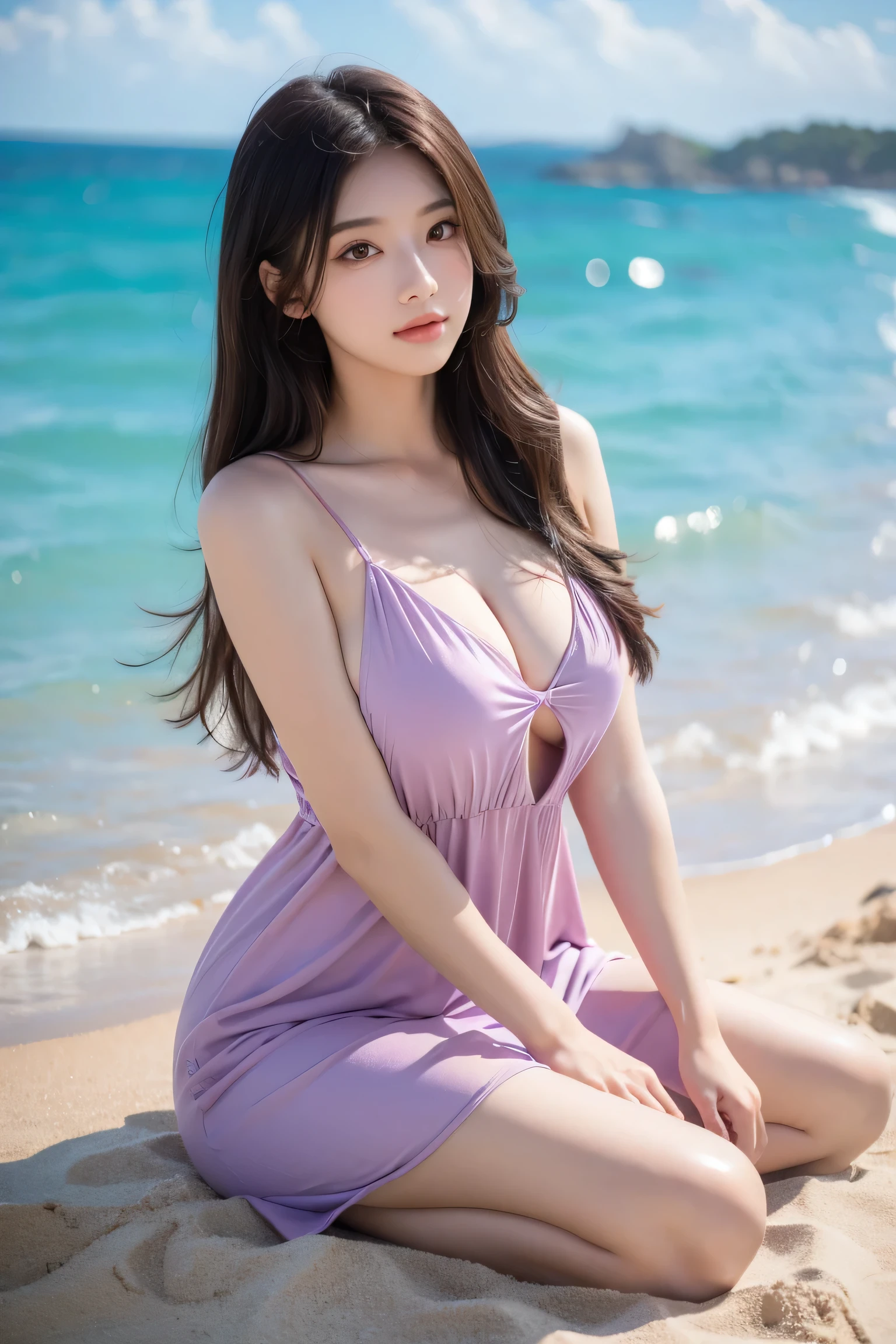 masterpiece, High resolution, highest quality, very detailed, pink eyes, Beautiful woman, purple dress，beach，long hair