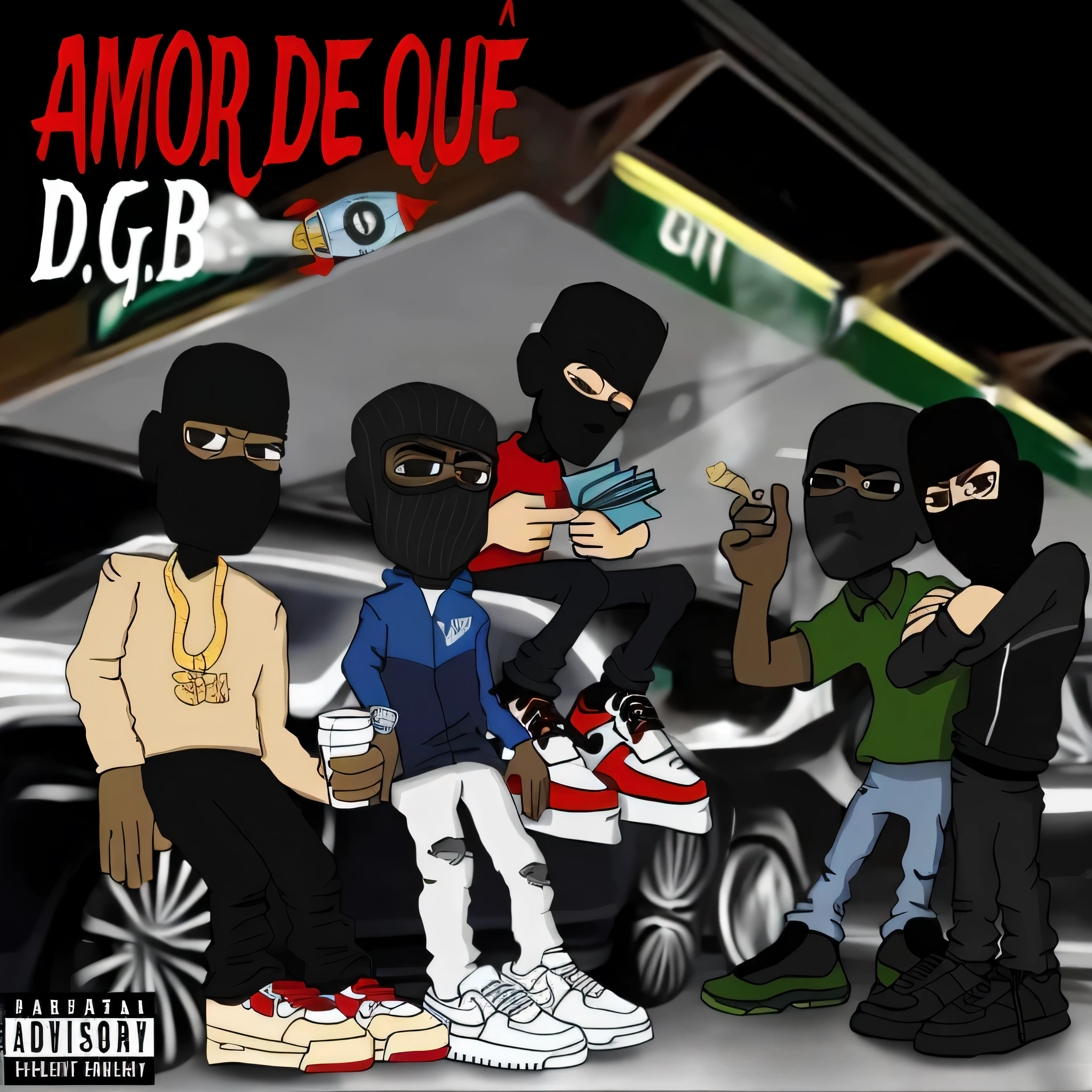 uma imagem de desenho animado de um grupo de pessoas paradas ao lado de um carro, fanart oficial, Arte de Dayer Diego, por Noe Canjura, Arte do Cabo, miniatura, album cover de hip-hop, Arte digital. @mariomaniacdude, arte oficial, official fan art, album cover, rap album cover, hip hop album Arte do Cabo, rap album Arte do Cabo