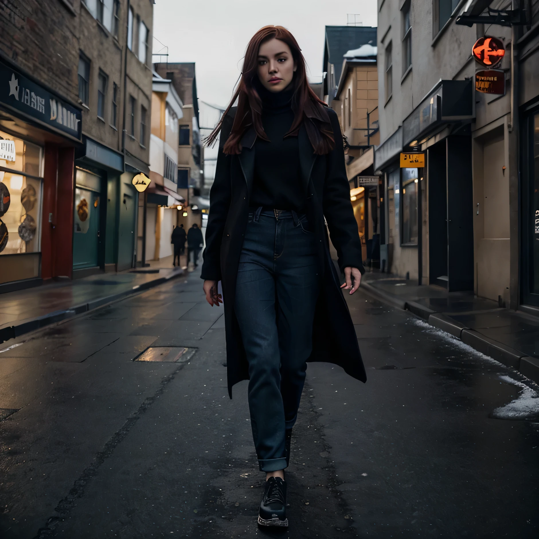 Woman walking down a street in a black coat and jeans - SeaArt AI