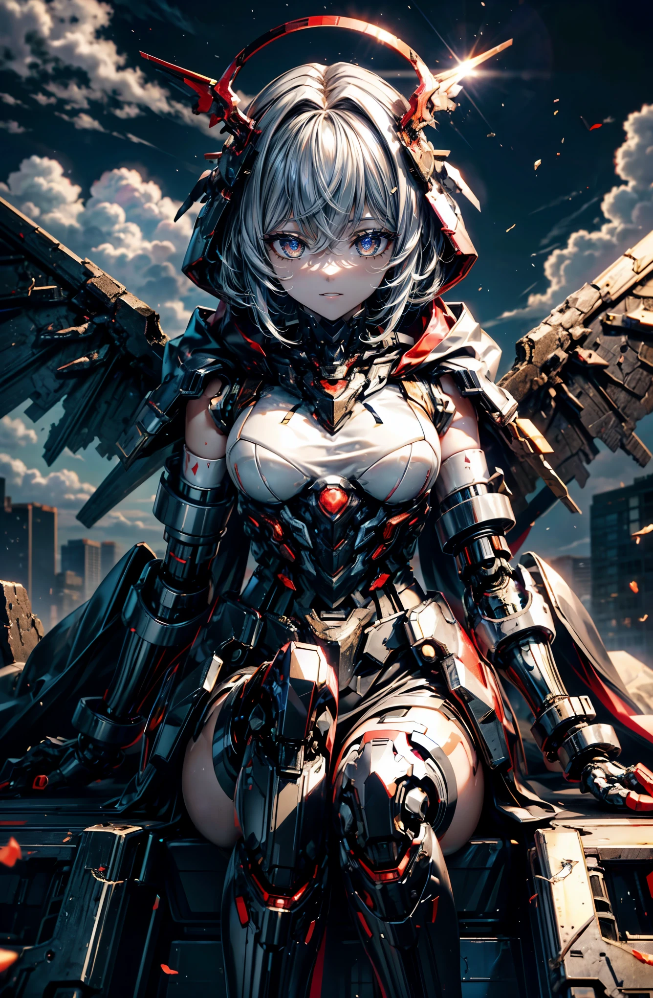 hyper quality、8K quality、High resolution、Image quality taken with a single-lens reflex camera、(SFW)、(face is not red、Don't be shy、don&#39;t blush:2.0)perfect anatomy、(money is the theme)tragic mecha girl、20 year old beautiful girl with medium silver hair.orange eyes(No expression:1.5)(Good shape and normal breasts)、Glossy gold mechanical parts with a three-dimensional feel、（exposed thighs:1.2）(Mechanical unit with one wing on the back、Wings on one side only)、BREAK(Black ROCK style long coat costume、wearing a hood:1.2)(Mechanical parts below the elbow and below the knee:1.3)BREAK、（perfect anatomy:1.4）(sitting:1.2)BREAK(On the destroyed rubble and sand、Sunny skies and some clouds)(The morning sun shines in、early morning:1.5)