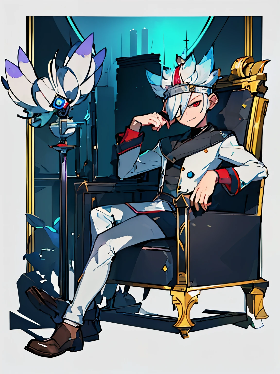 (masterpiece, highest quality, highest quality, beautiful, and aesthetic:1.2) portrait shot, Spect 3R, gray hair, 1 boy, take a pose, slight smile, gray hair, hair above one eye,sitting,King's Chair,4K resolution,Blue flash