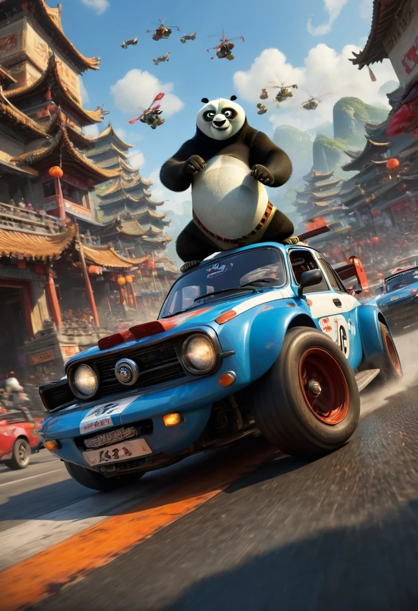 racing cars, "Kung Fu Panda" as driver, (best quality, masterpiece, perfect composition, very aesthetic, ultra-detailed, intricate details:1.3)